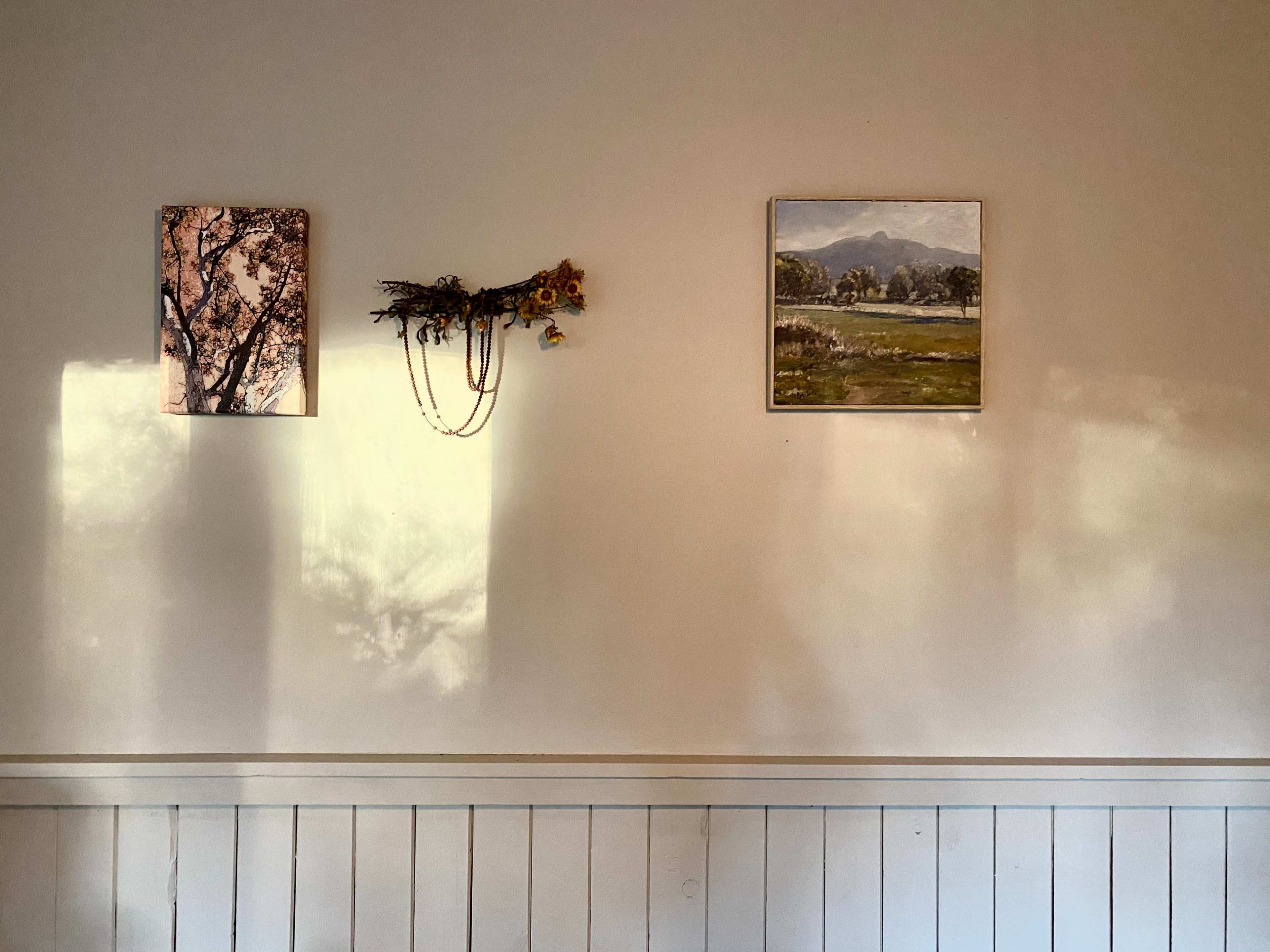 A light-colored wall with two framed pictures and a decorative arrangement of dried flowers, casting shadows.