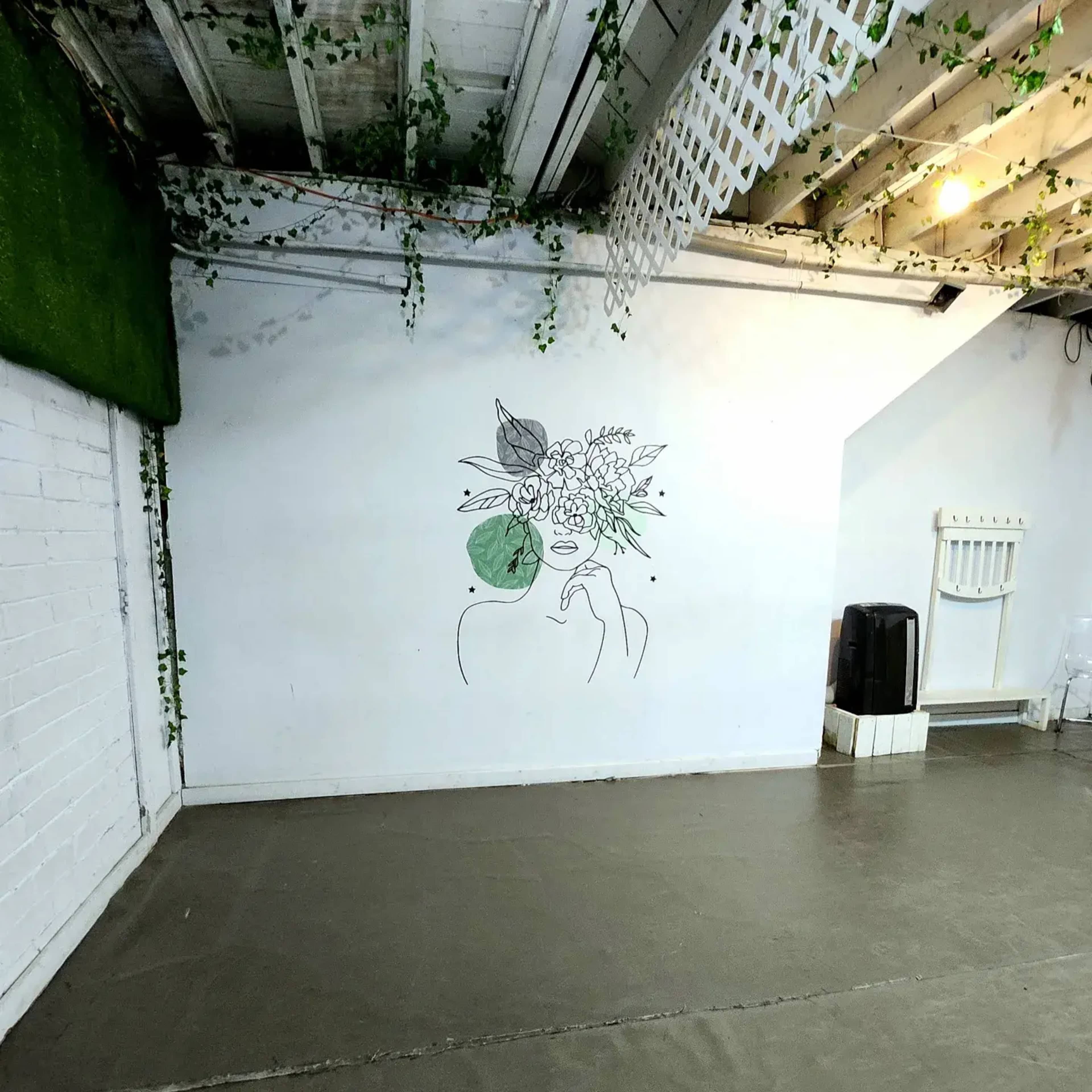 A minimalistic interior with a wall featuring a line drawing of a face adorned with flowers, set in a room with a green area and overhead plants.