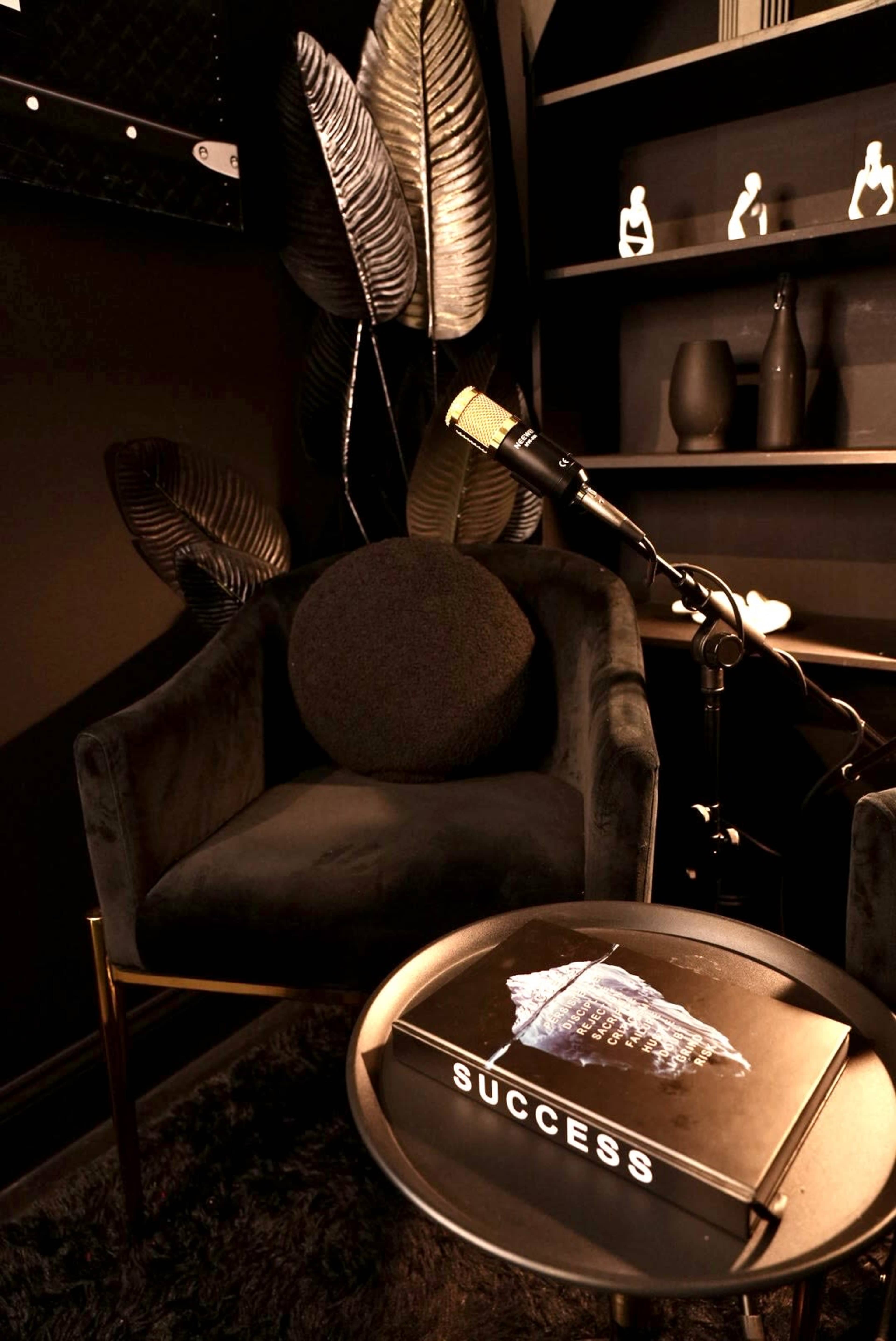 A plush chair with a round cushion sits beside a small table, which holds a book titled "SUCCESS," in a dimly lit, dark-themed room adorned with decorative leaves and shelves.