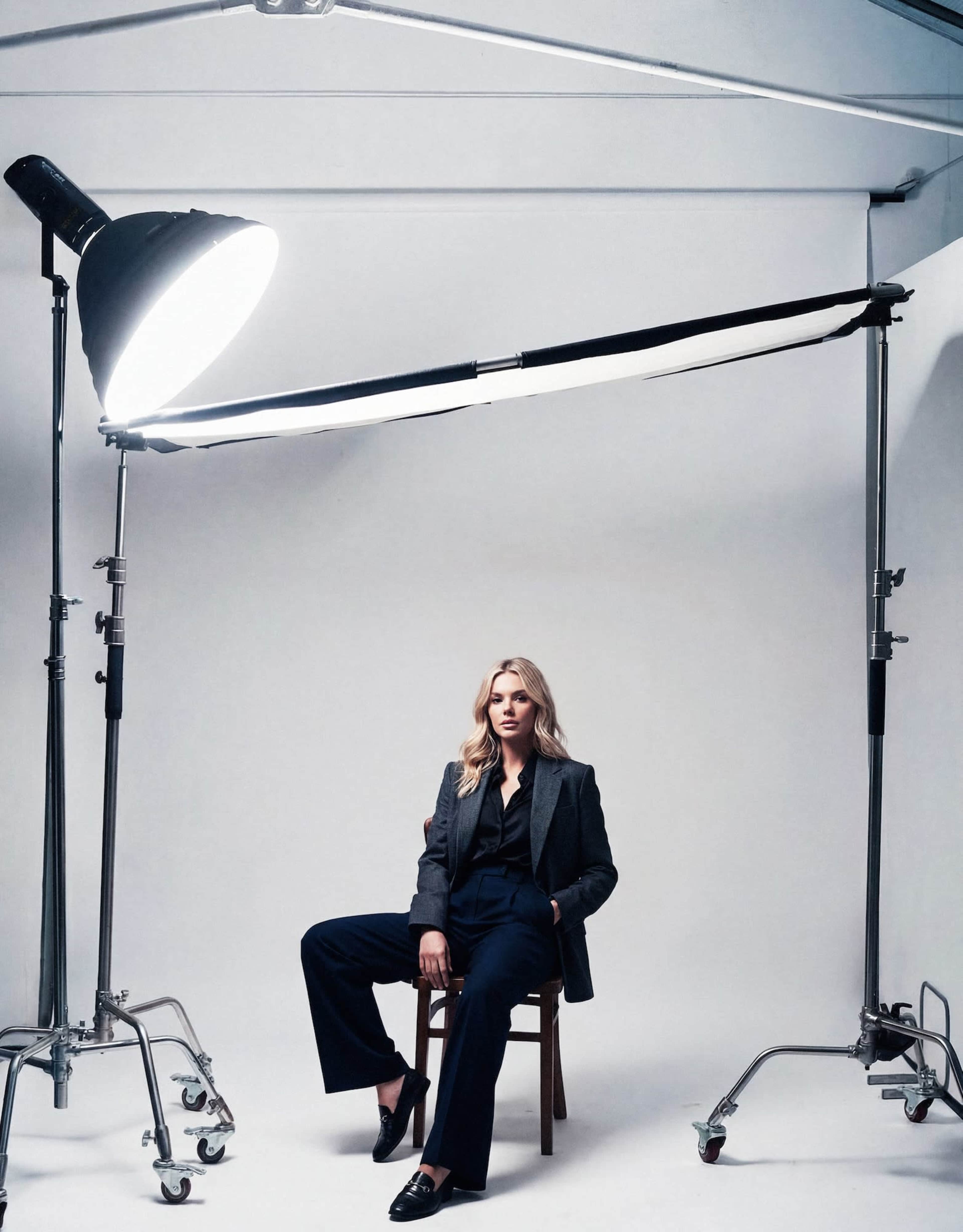 A woman sits on a chair in front of a large light source and a plain backdrop.