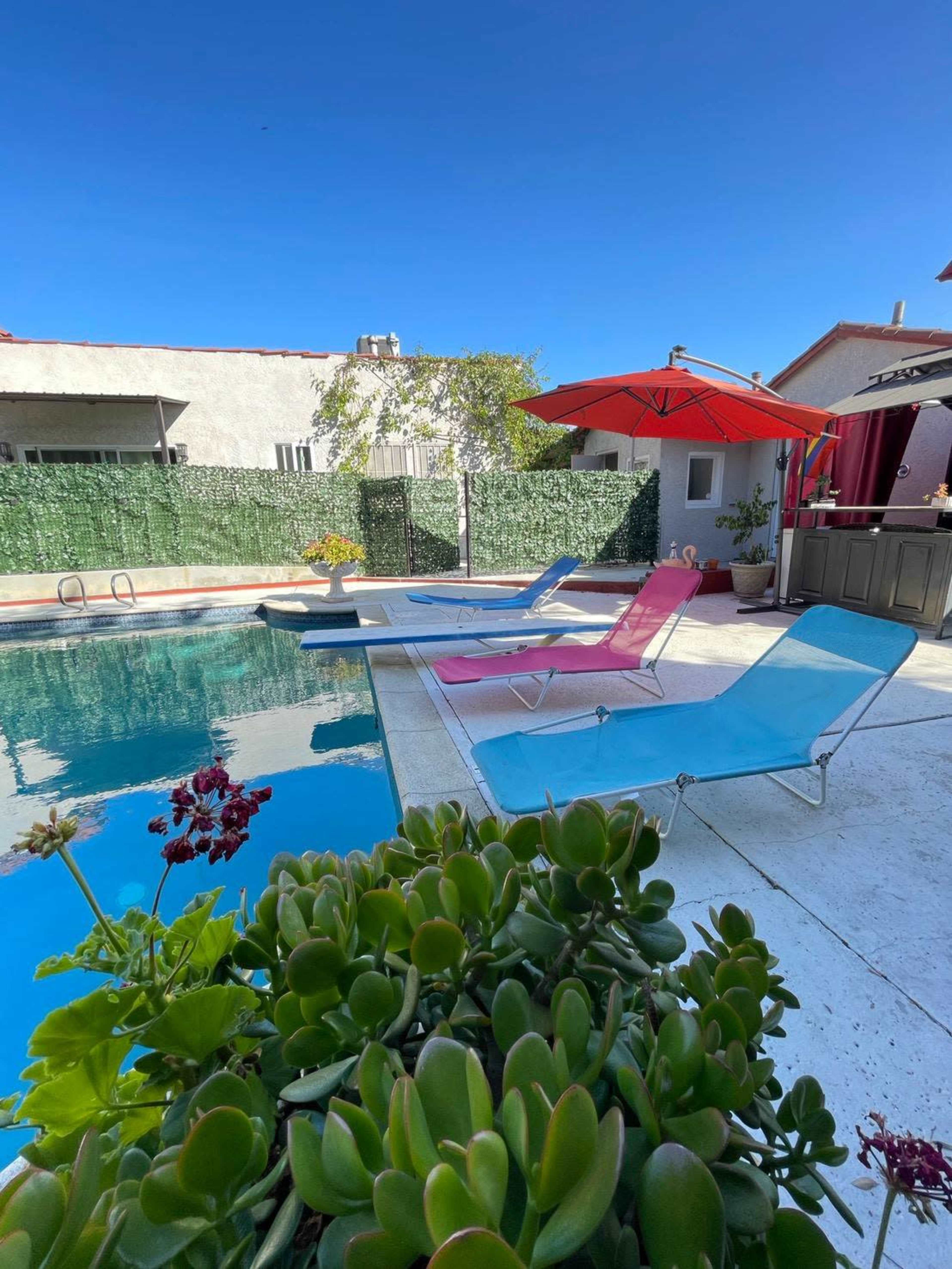 A swimming pool area features colorful lounge chairs, an umbrella, and lush greenery.