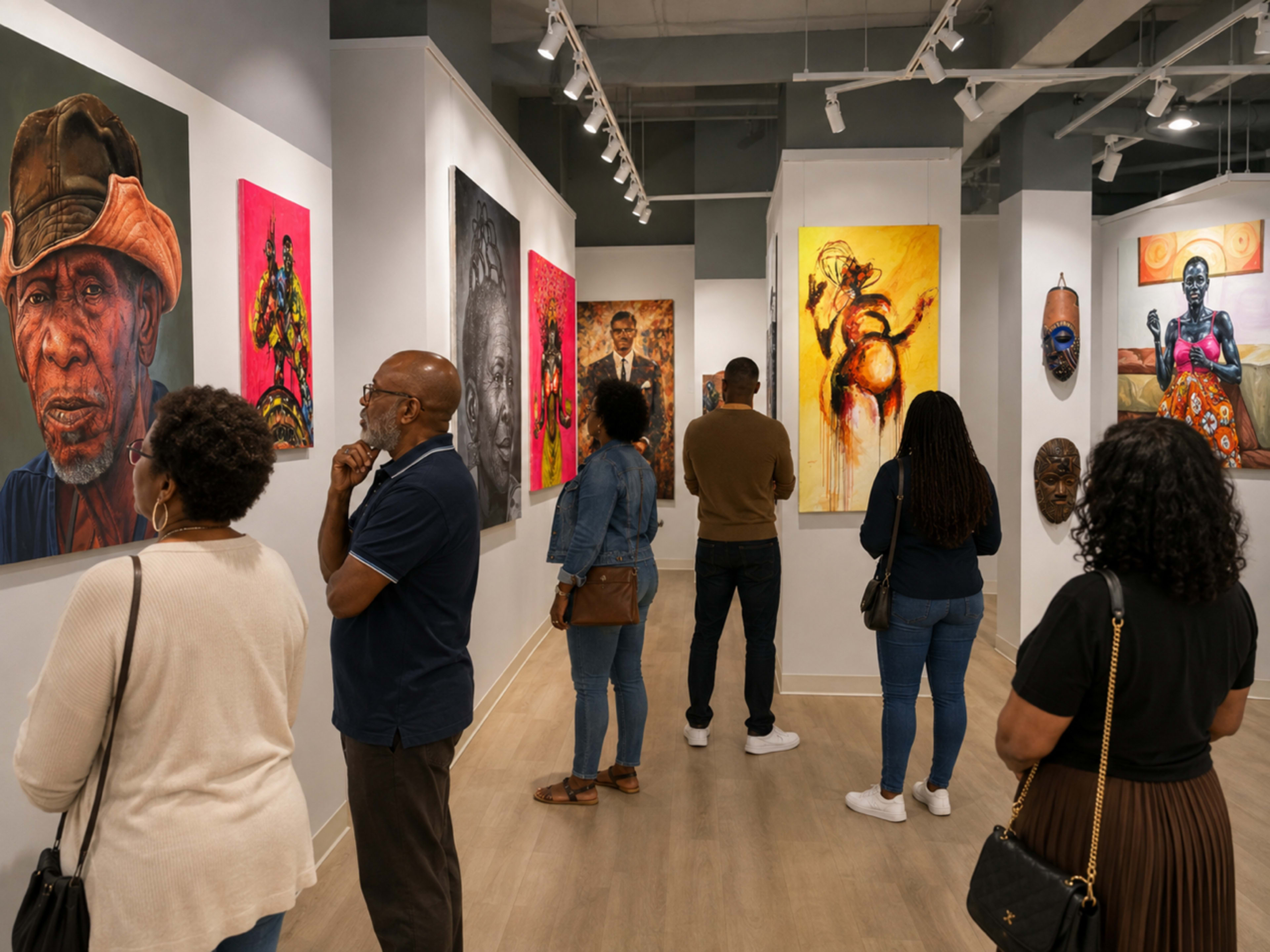 A group of people examines various artworks in a gallery featuring colorful portraits and sculptures.