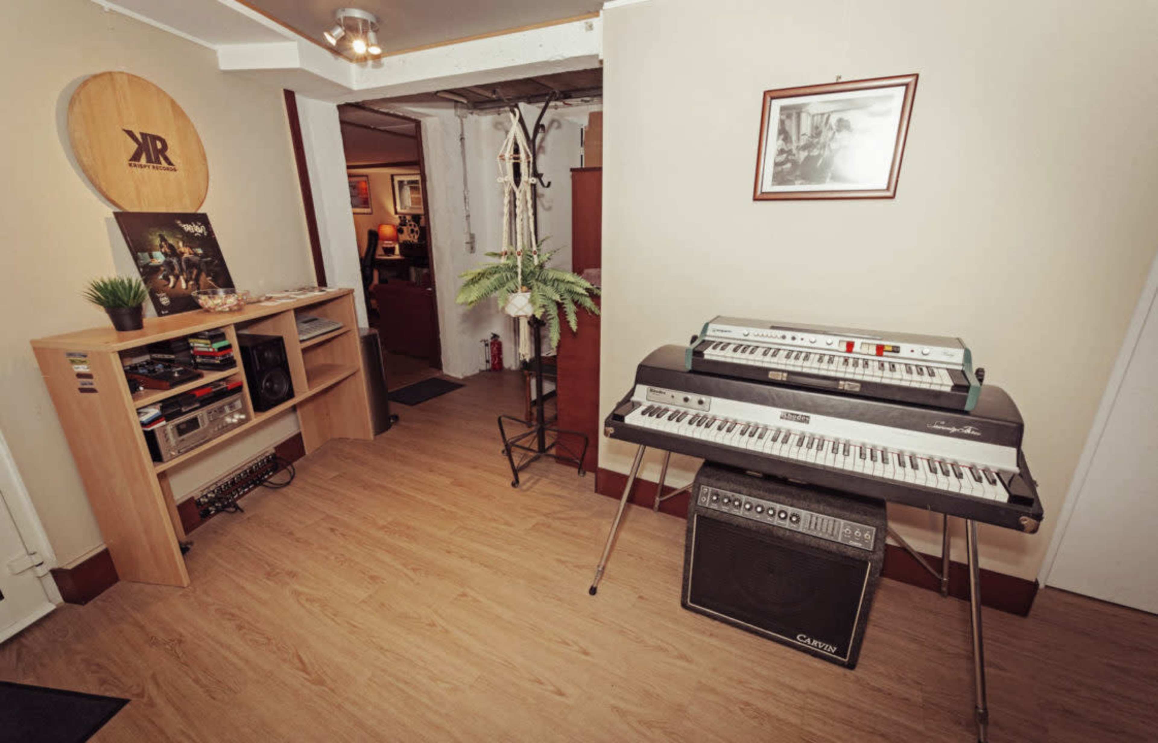 A room featuring a wooden bookshelf, a keyboard on a stand, and a potted plant beside an amplifier.