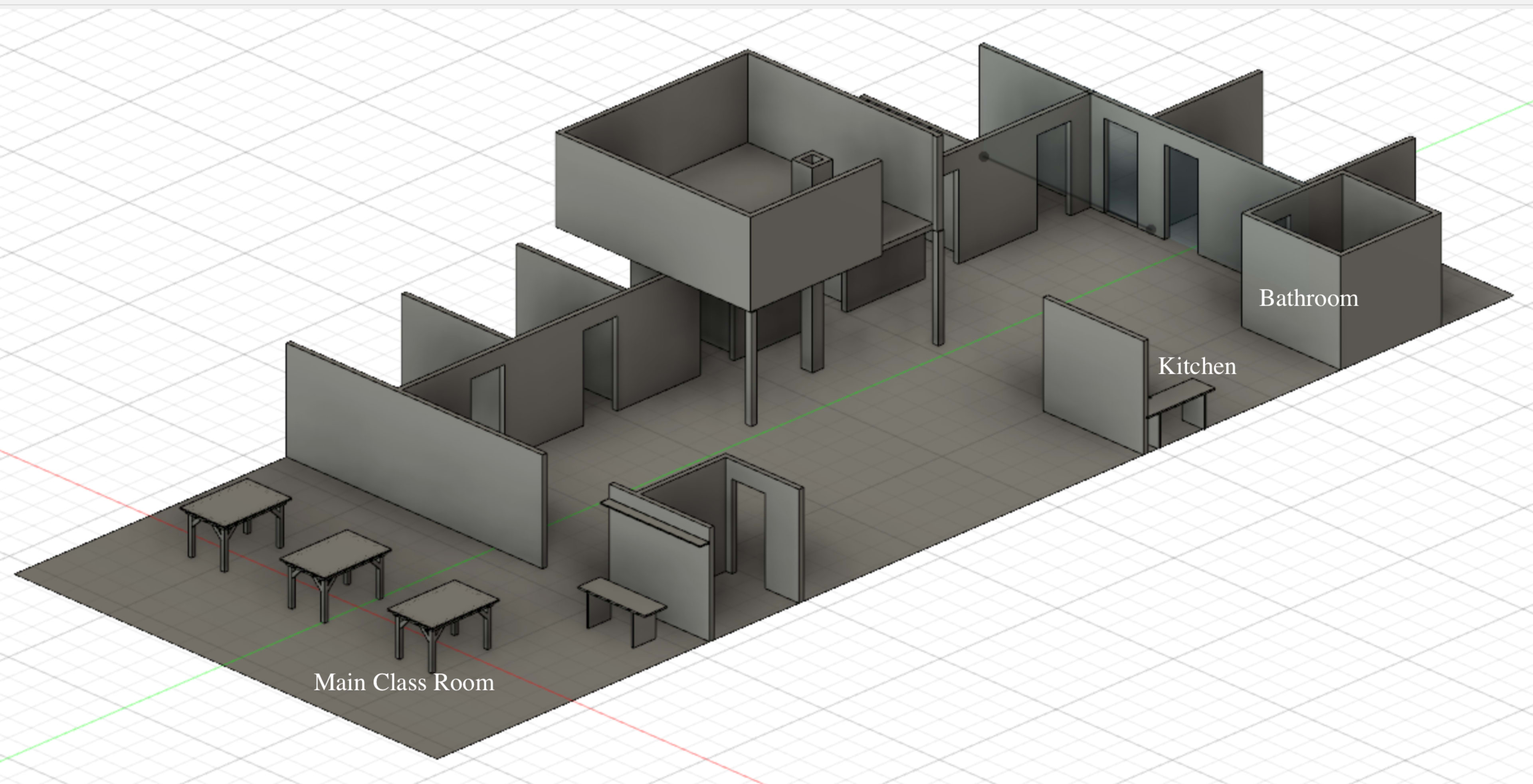 A 3D floor plan layout of a building featuring a main classroom, a kitchen, and a bathroom.