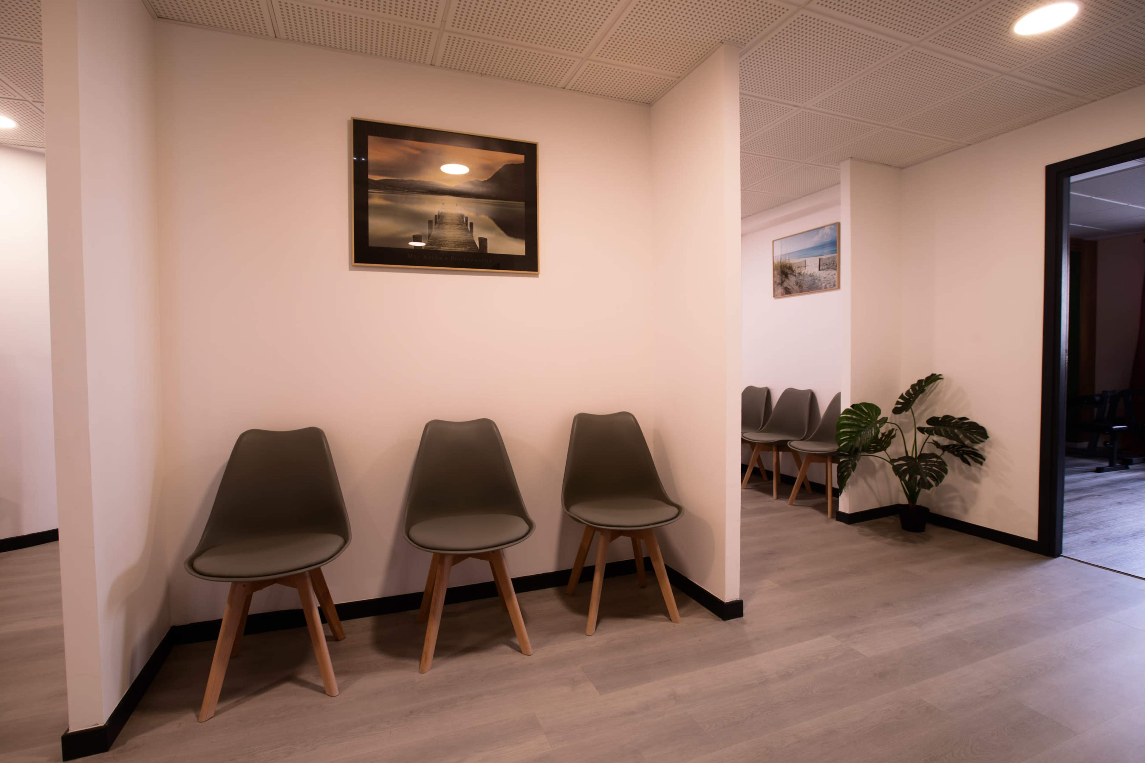 The image shows a waiting area with five gray chairs arranged against a white wall, adorned with framed pictures and featuring a small plant in the corner.