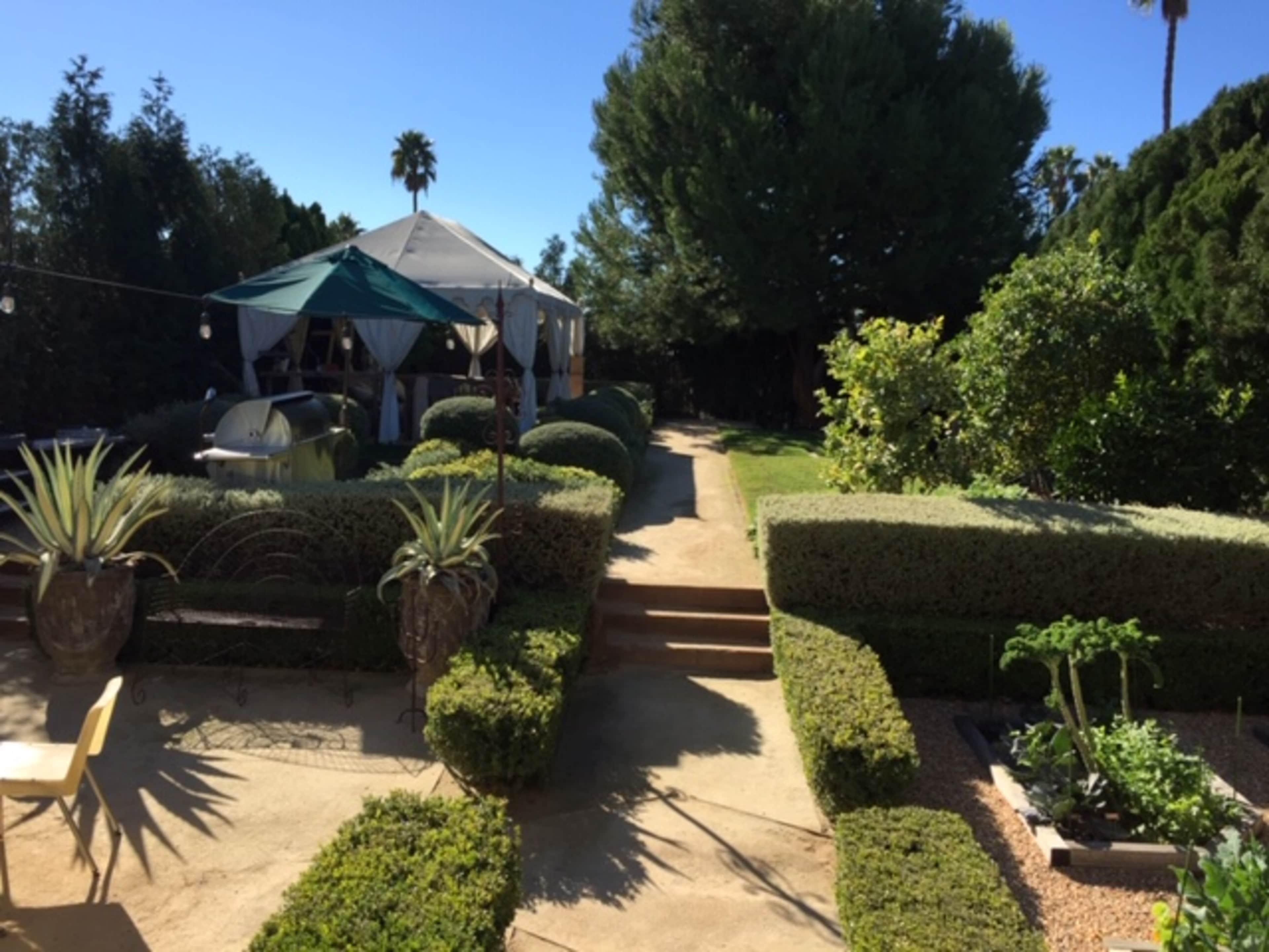 The image shows a landscaped garden with neatly trimmed bushes, a pathway leading to a tent, and various plants surrounded by trees under a clear blue sky.