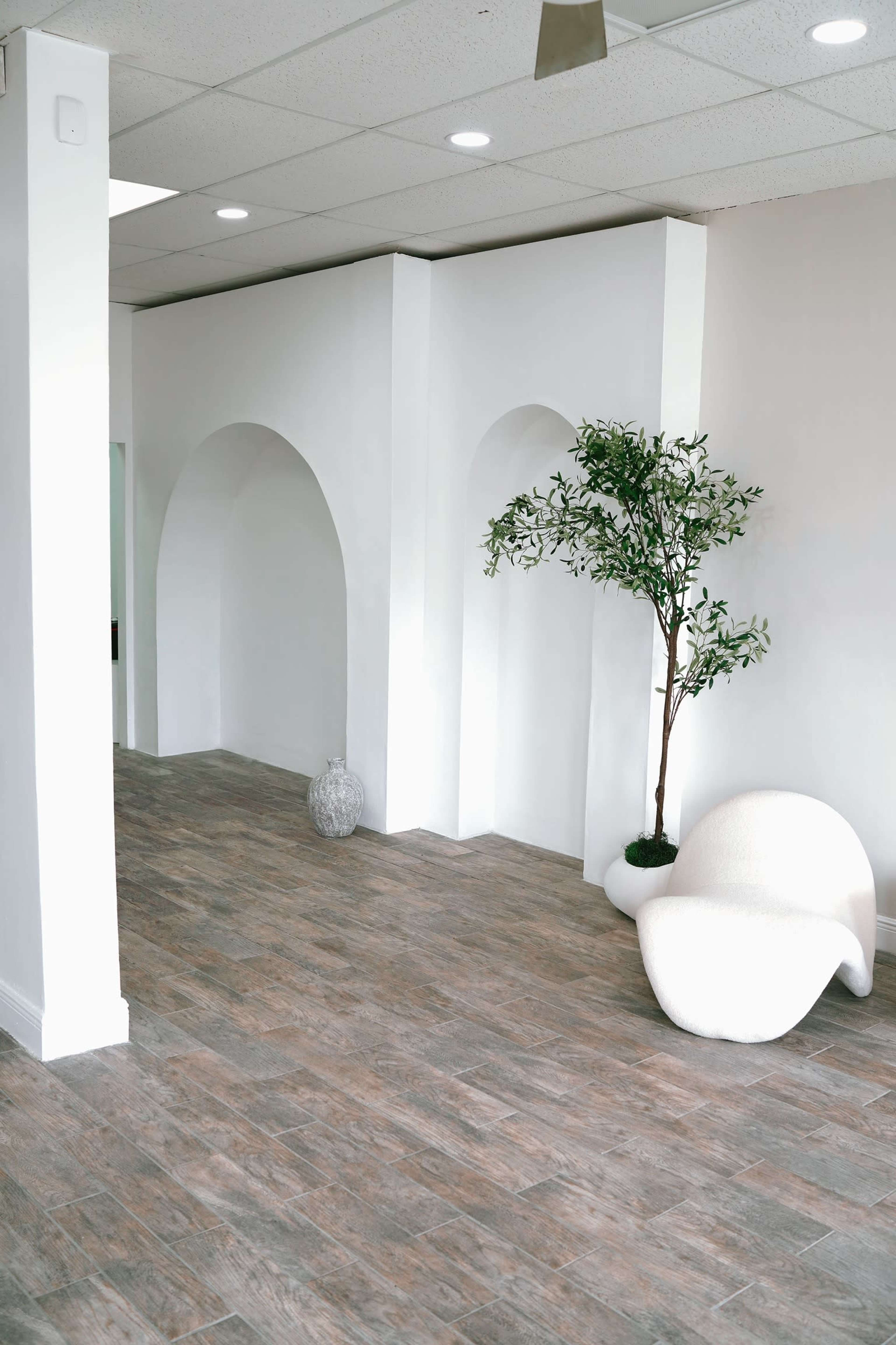 A minimalist interior space featuring a textured floor, white walls with archways, a potted plant, and a sculptural chair.