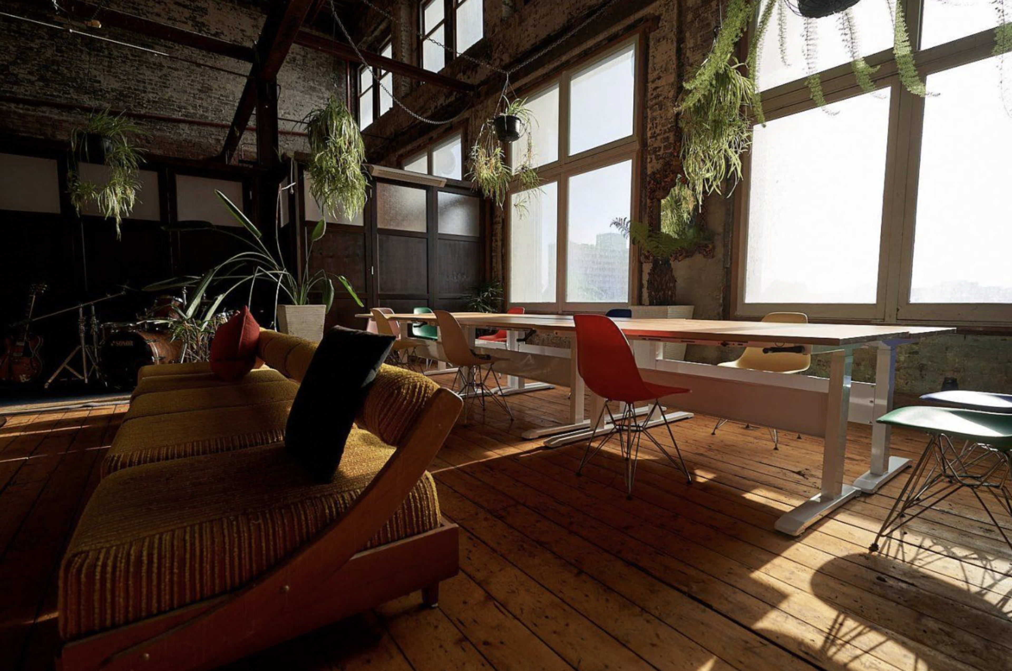 A spacious room with wooden floors, large windows, a long table surrounded by colorful chairs, and a couch along one wall, adorned with plants.