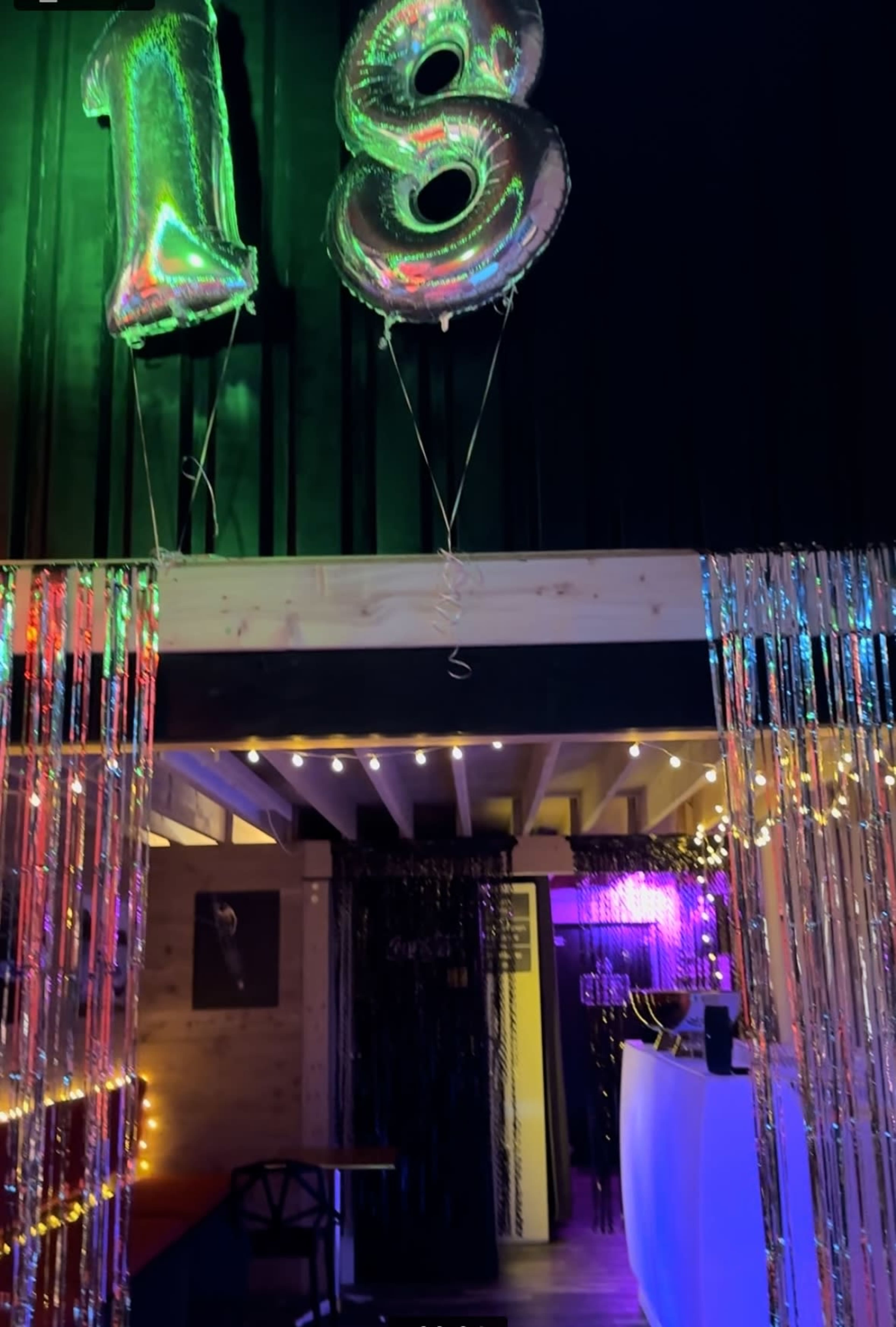 The image shows a decorated entrance with silver balloons reading "18" and colorful lights illuminating a party setting.