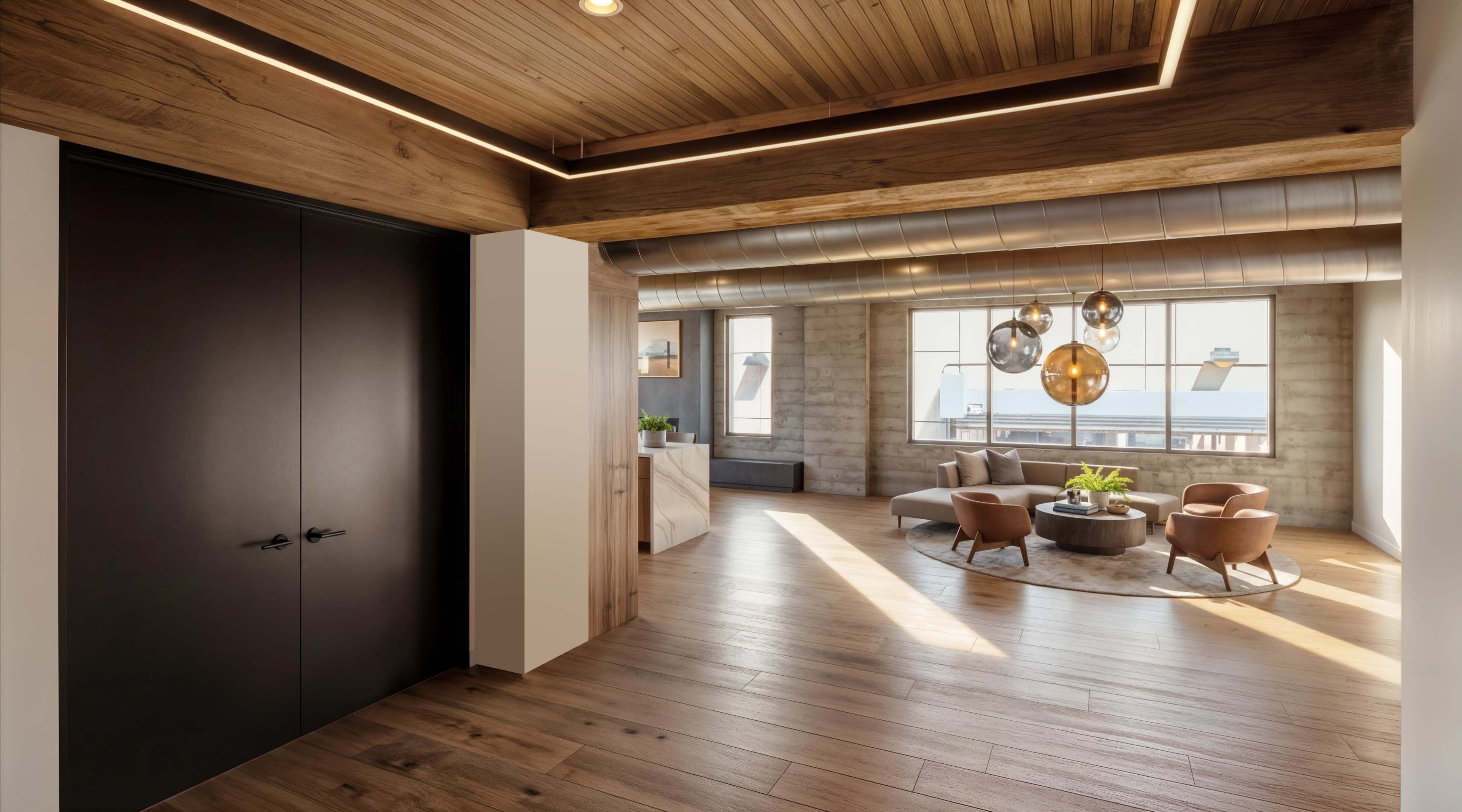 The image shows a modern interior space with a wooden ceiling, a round coffee table surrounded by four chairs, and large windows allowing natural light to illuminate the room.