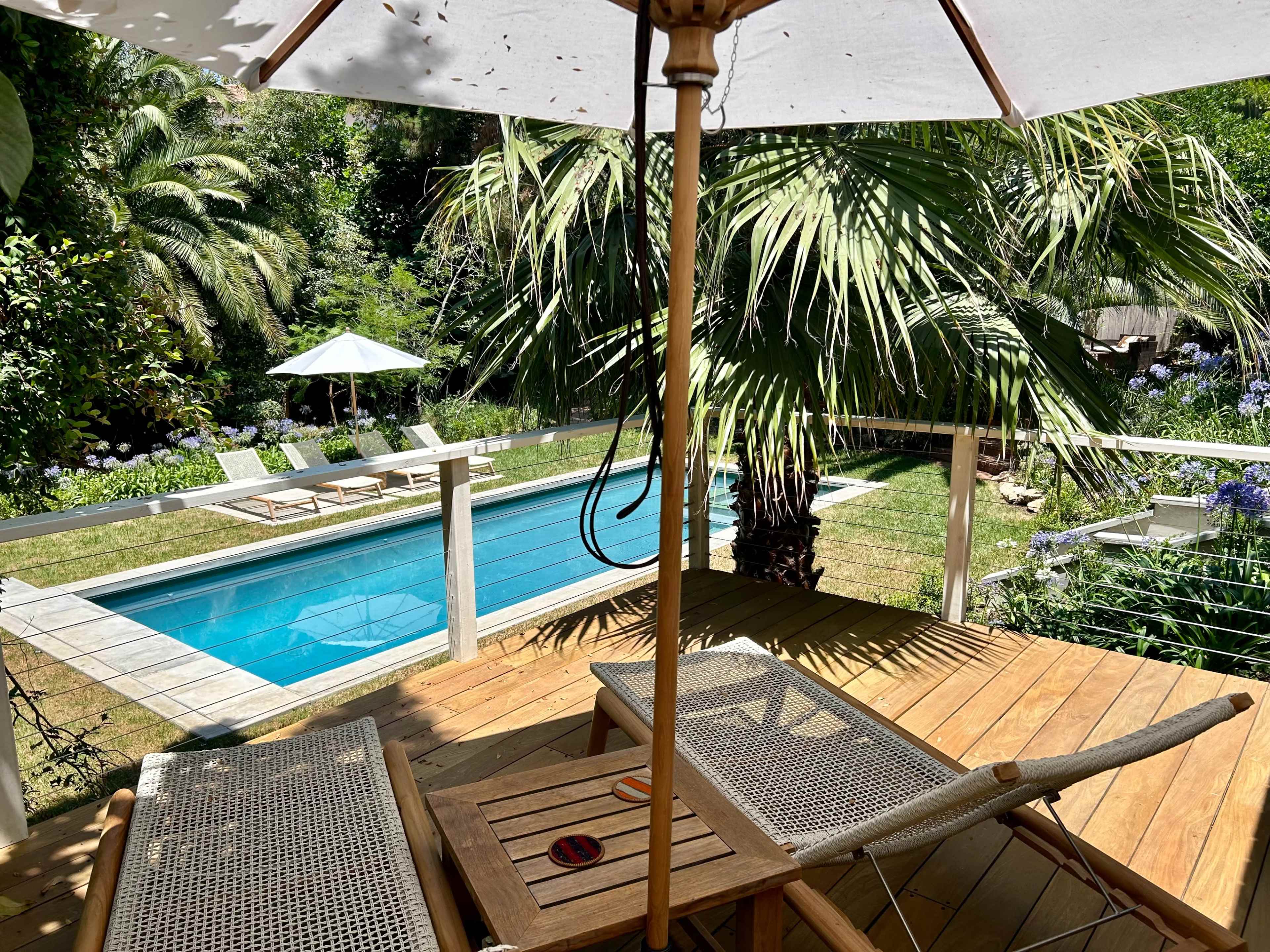 A wooden deck with lounge chairs overlooks a swimming pool surrounded by lush greenery and palm trees.