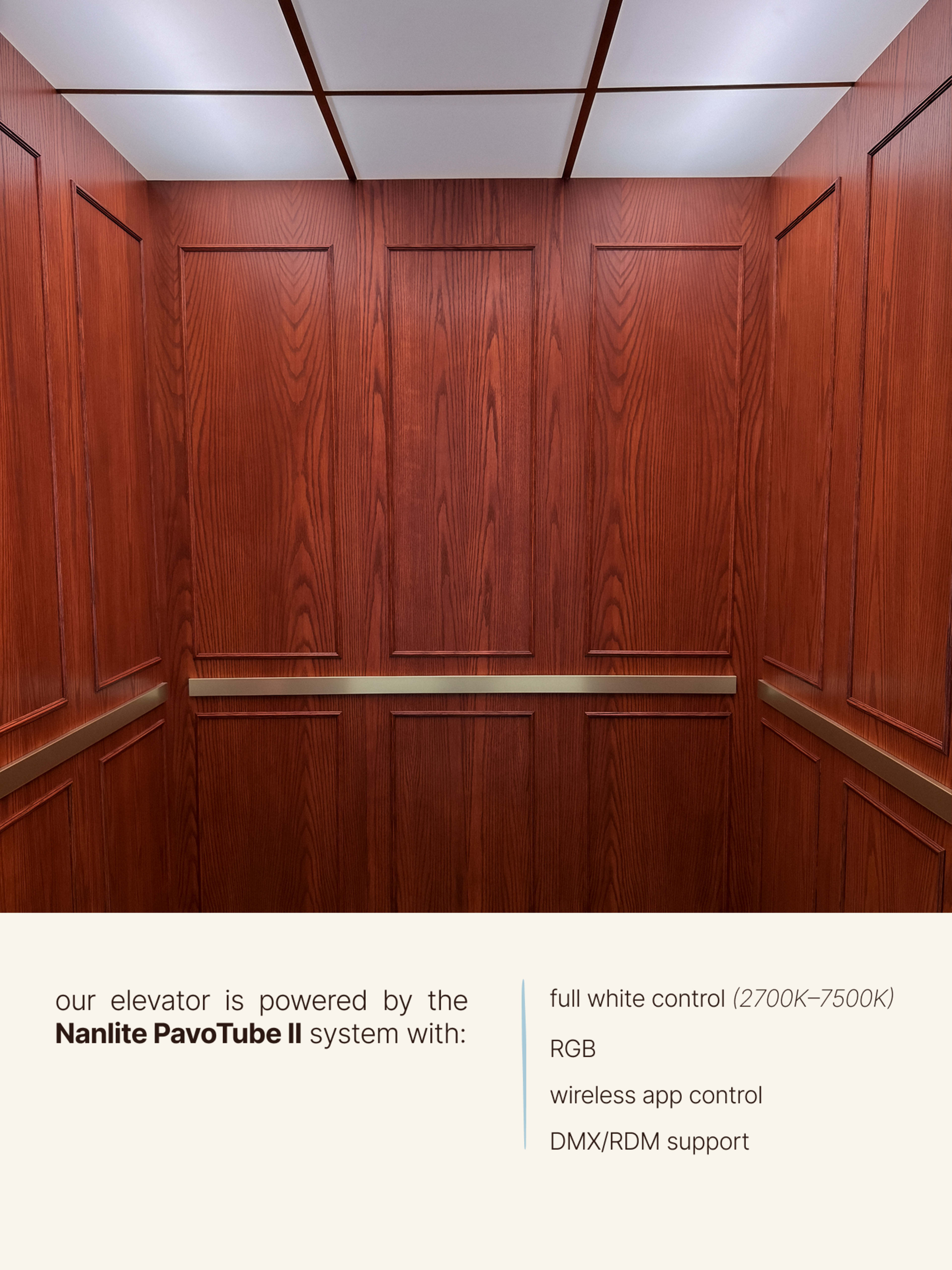 The image shows the wooden interior of an elevator with a display indicating it is powered by the Nanlite PavoTube II lighting system.