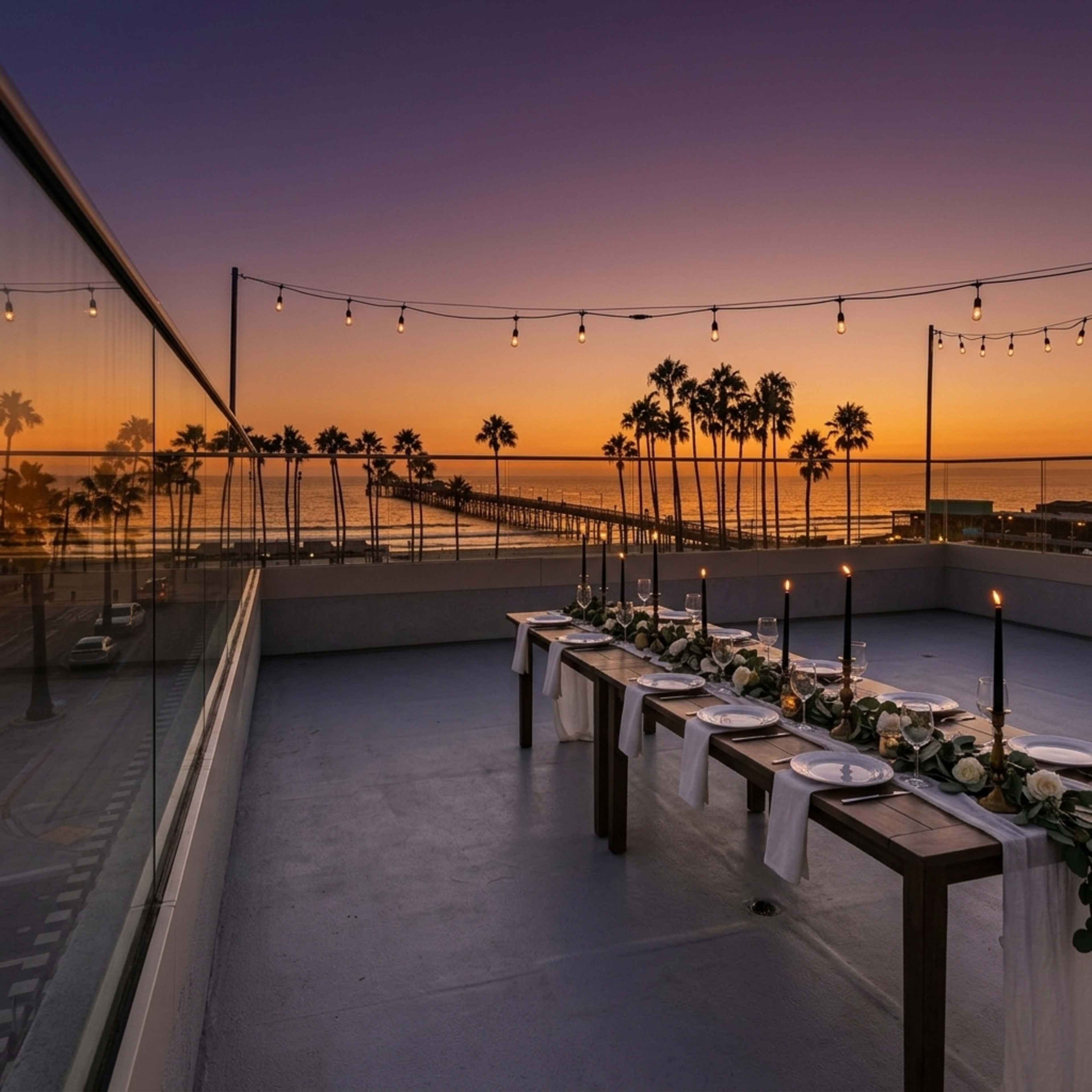 A long, elegantly set dining table is positioned on a rooftop terrace overlooking a beach at sunset, with palm trees and a pier in the background.