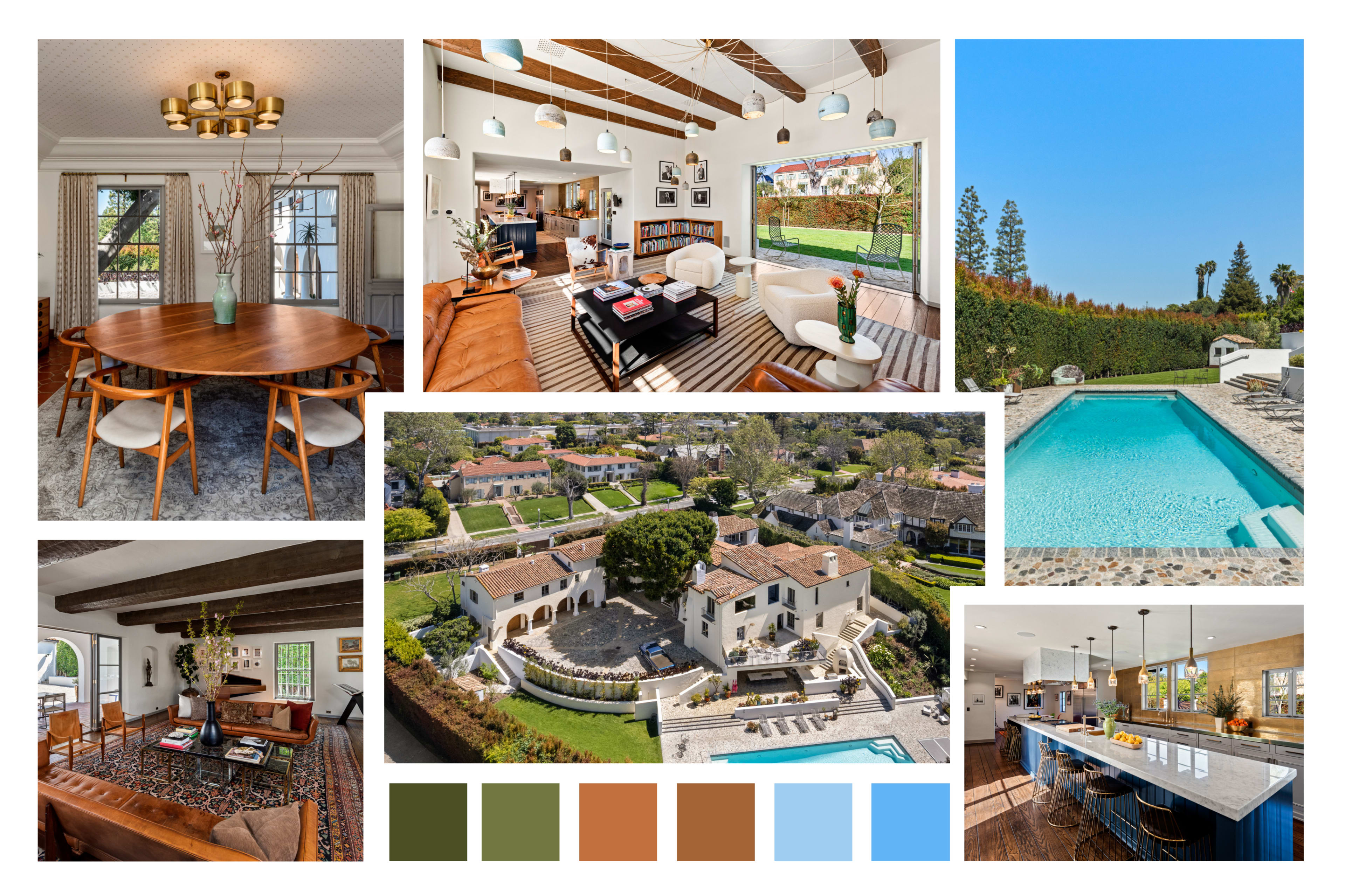 The image showcases a luxury home featuring a modern living room, a formal dining area, an outdoor pool, and an aerial view of the property with landscaped gardens.