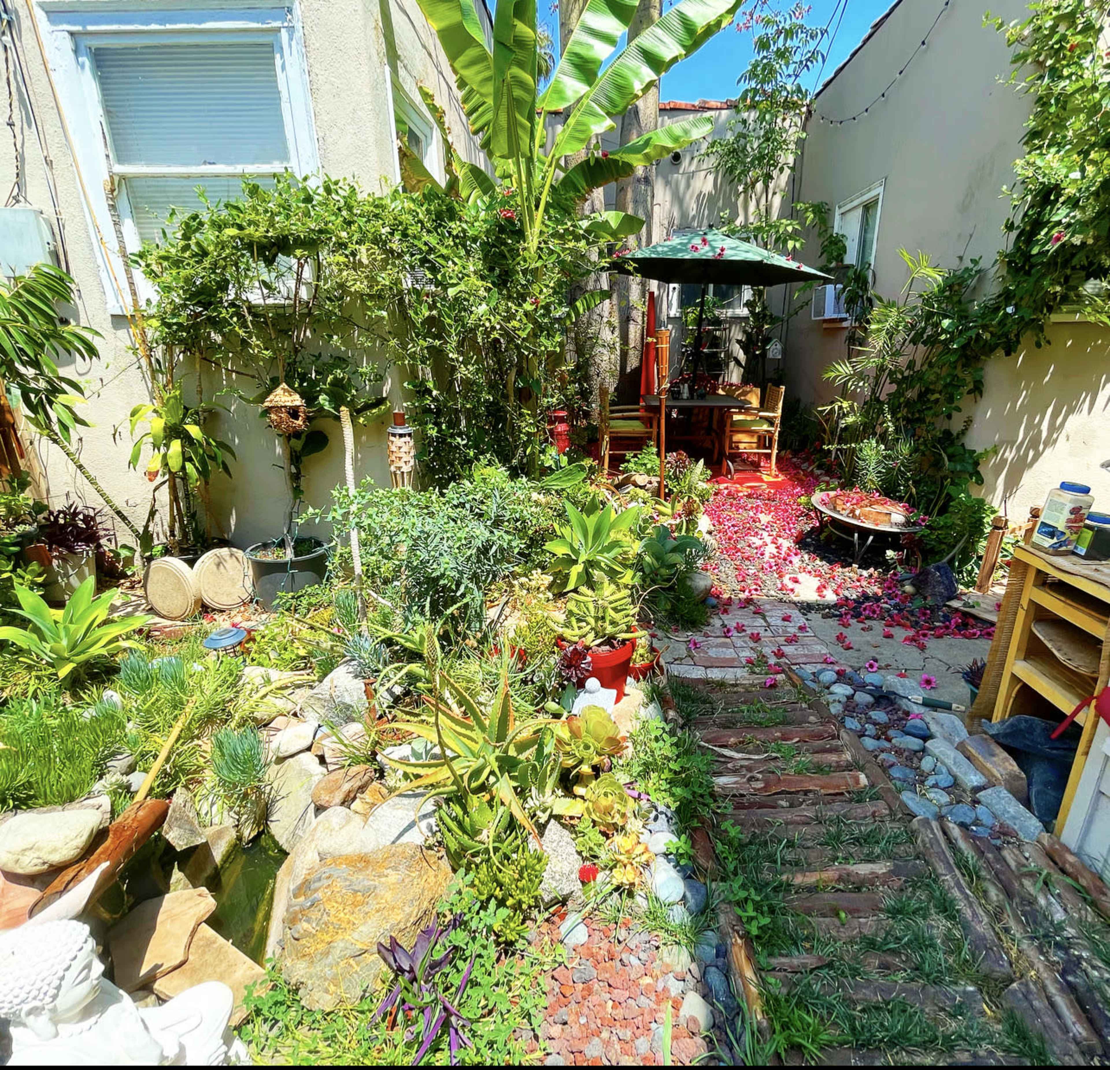A lush garden path lined with various plants and flowers leads to a seating area shaded by an umbrella.