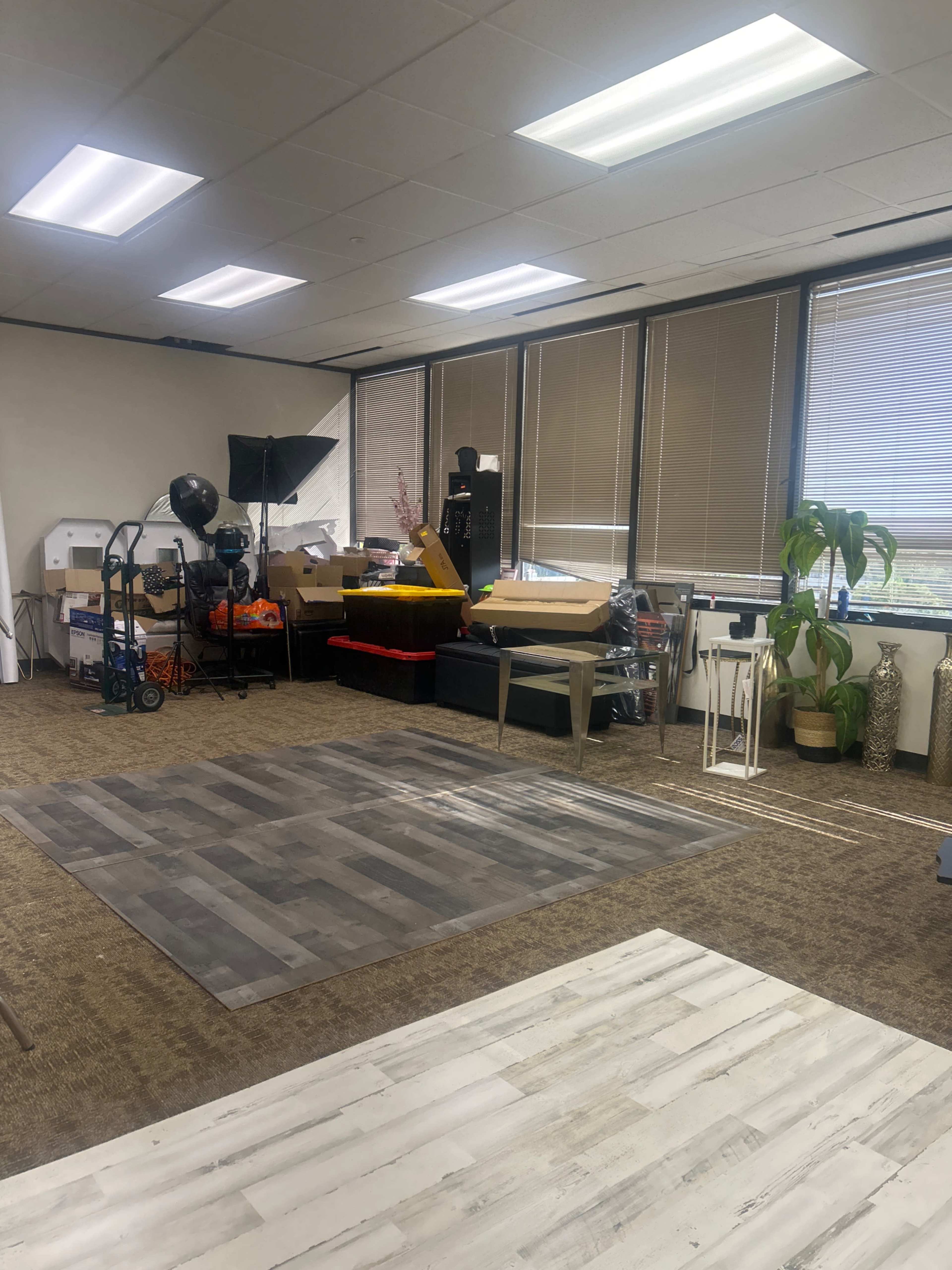 The image shows a cluttered office space with various equipment, furniture, and a large area rug on the floor, alongside a plant and multiple boxes.