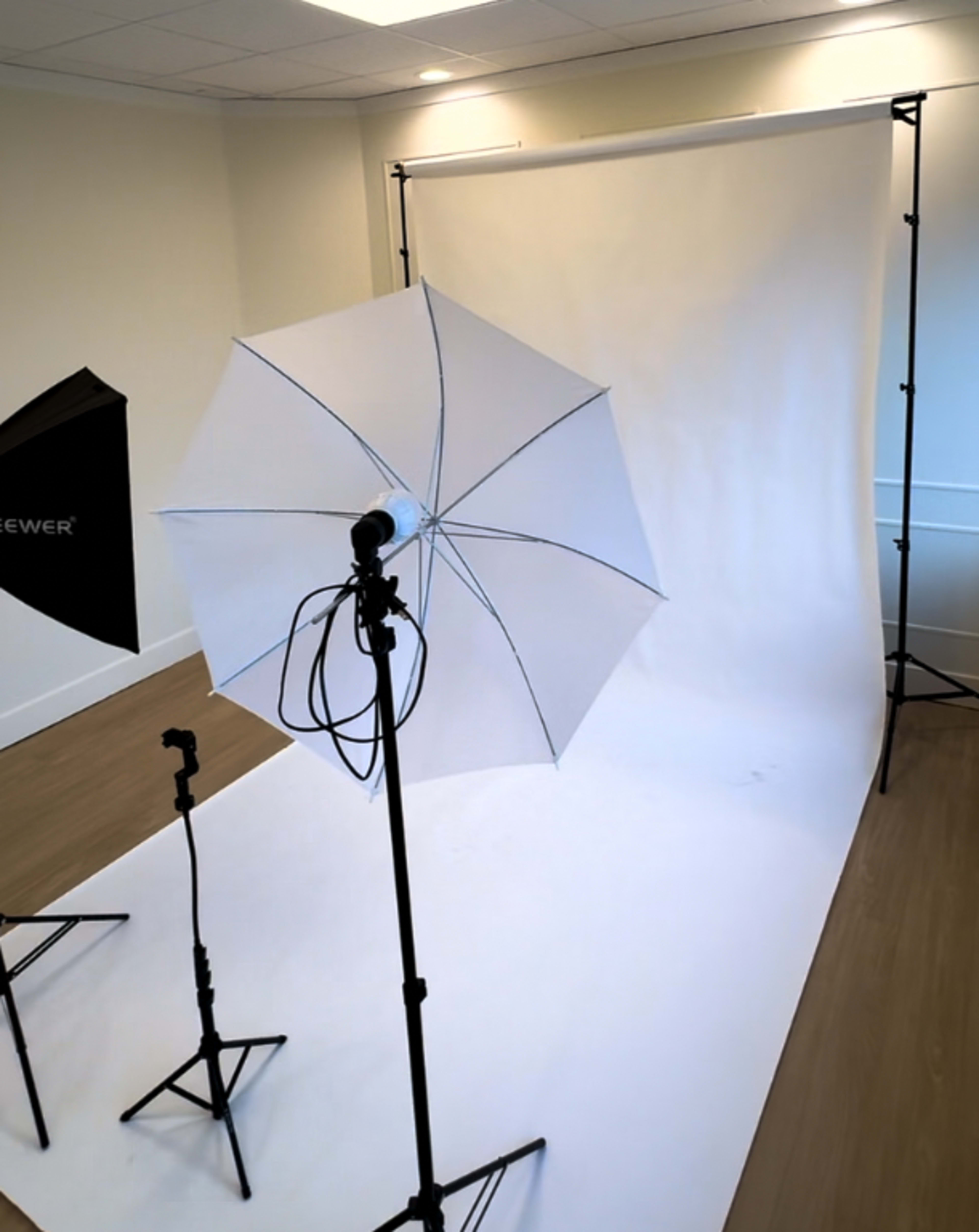 The image shows a photography studio with a white backdrop, an umbrella softbox, and light stands arranged for a photoshoot.
