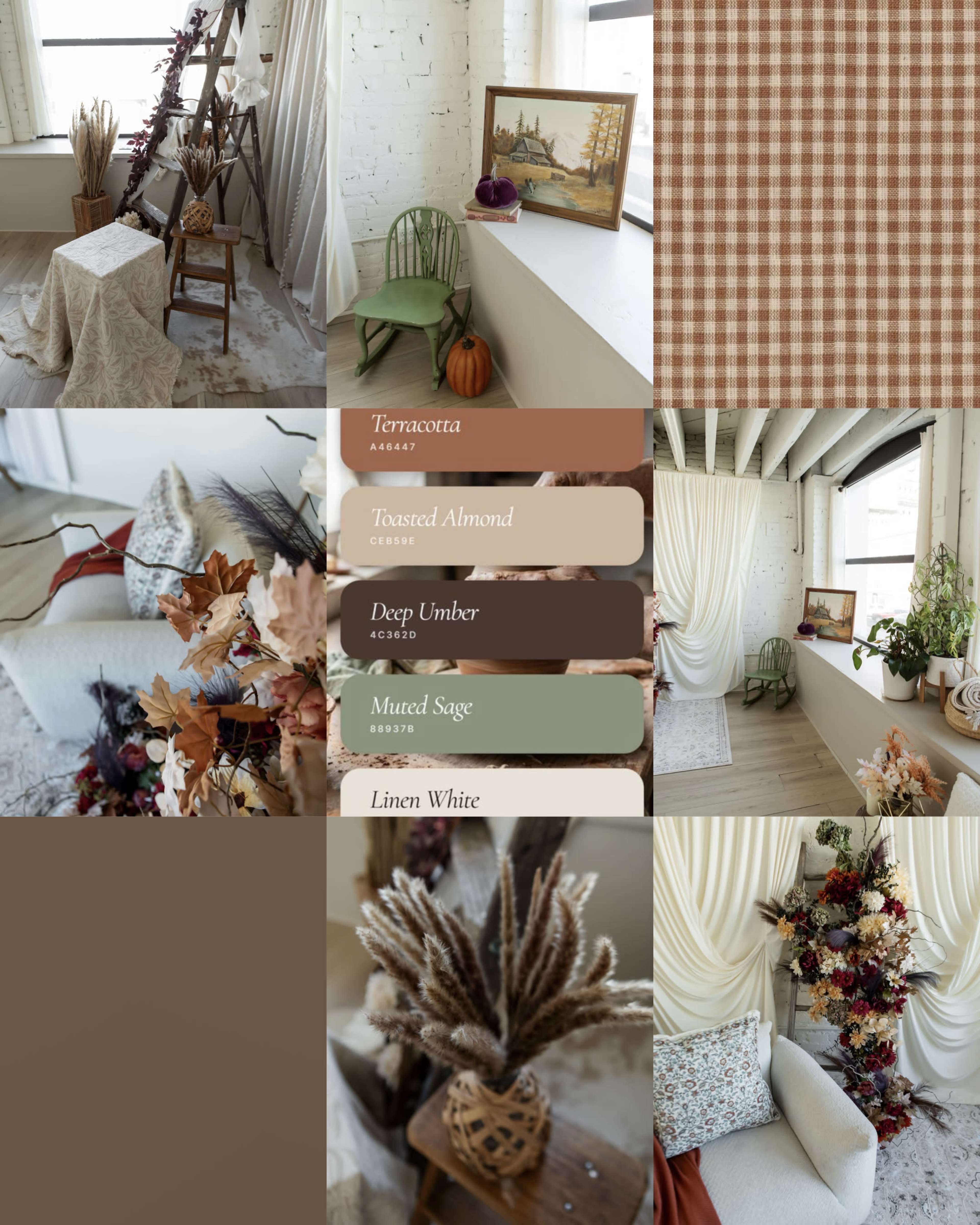 The image showcases a cozy interior scene with warm color palettes and autumn decor, featuring a styled corner with furniture, textiles, and seasonal accents.