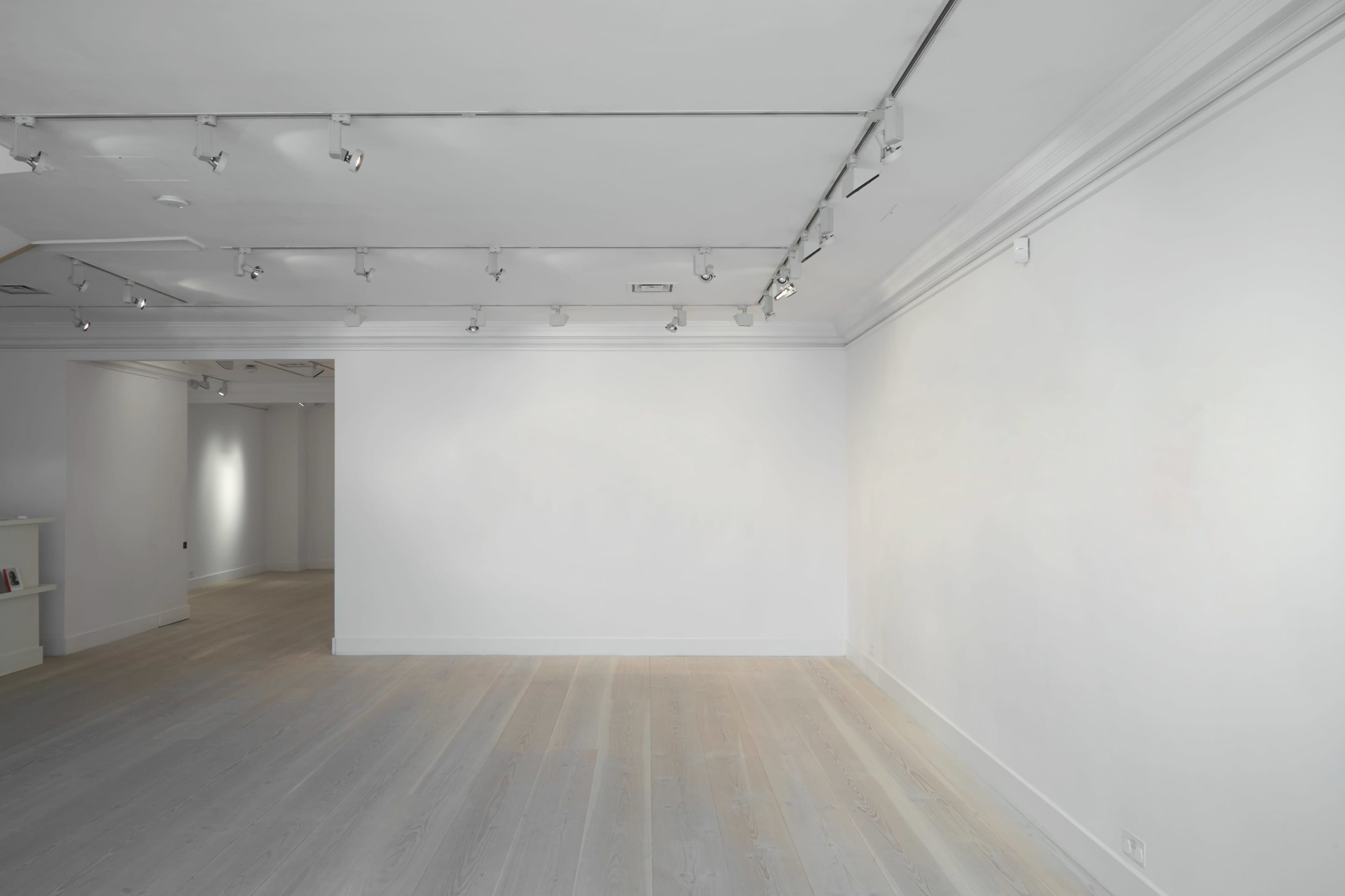 An empty, well-lit gallery space with white walls and light wooden flooring.