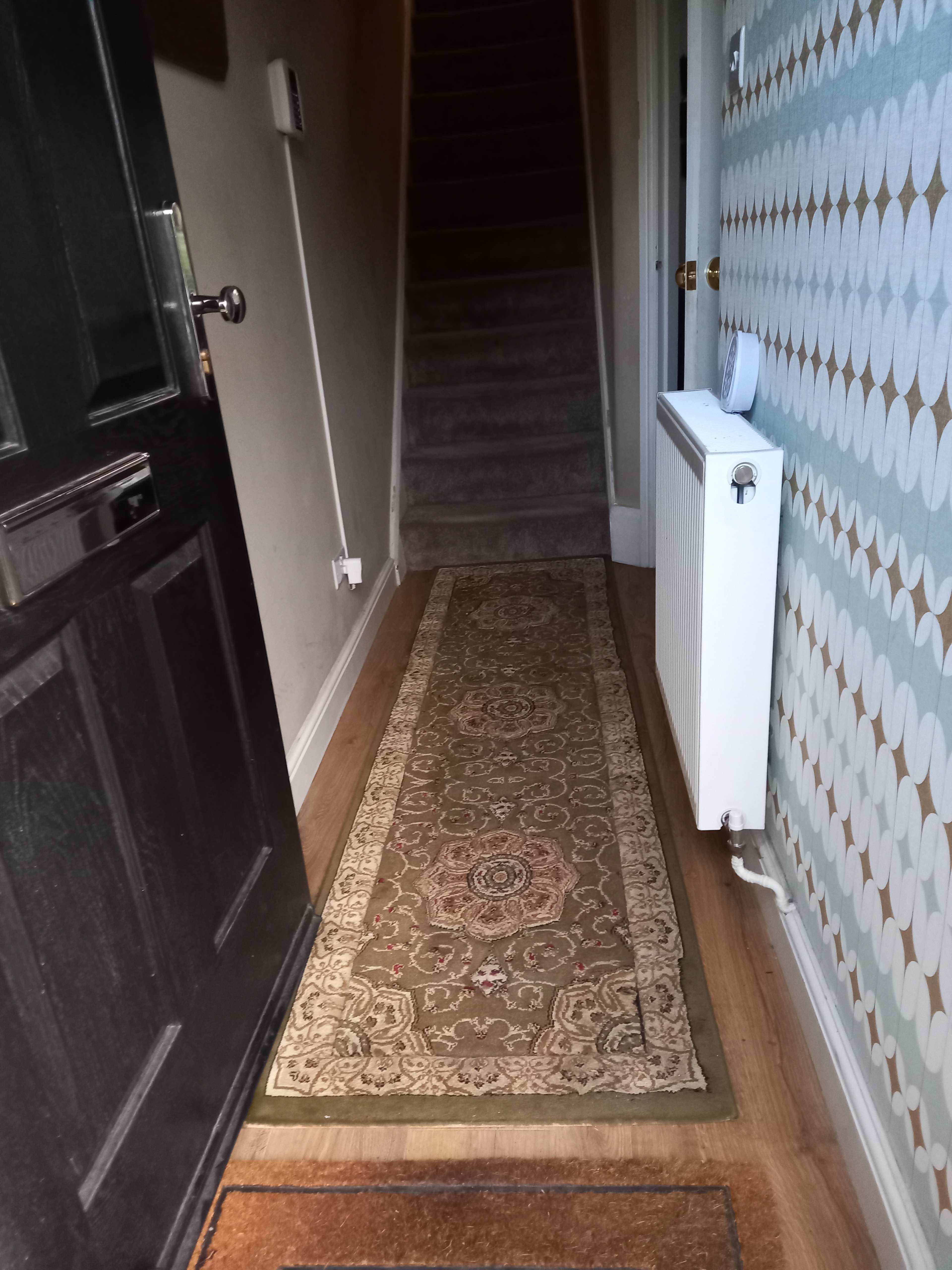 A hallway with a dark door, a patterned rug along the wooden floor, a radiator on the wall, and a staircase leading upward.