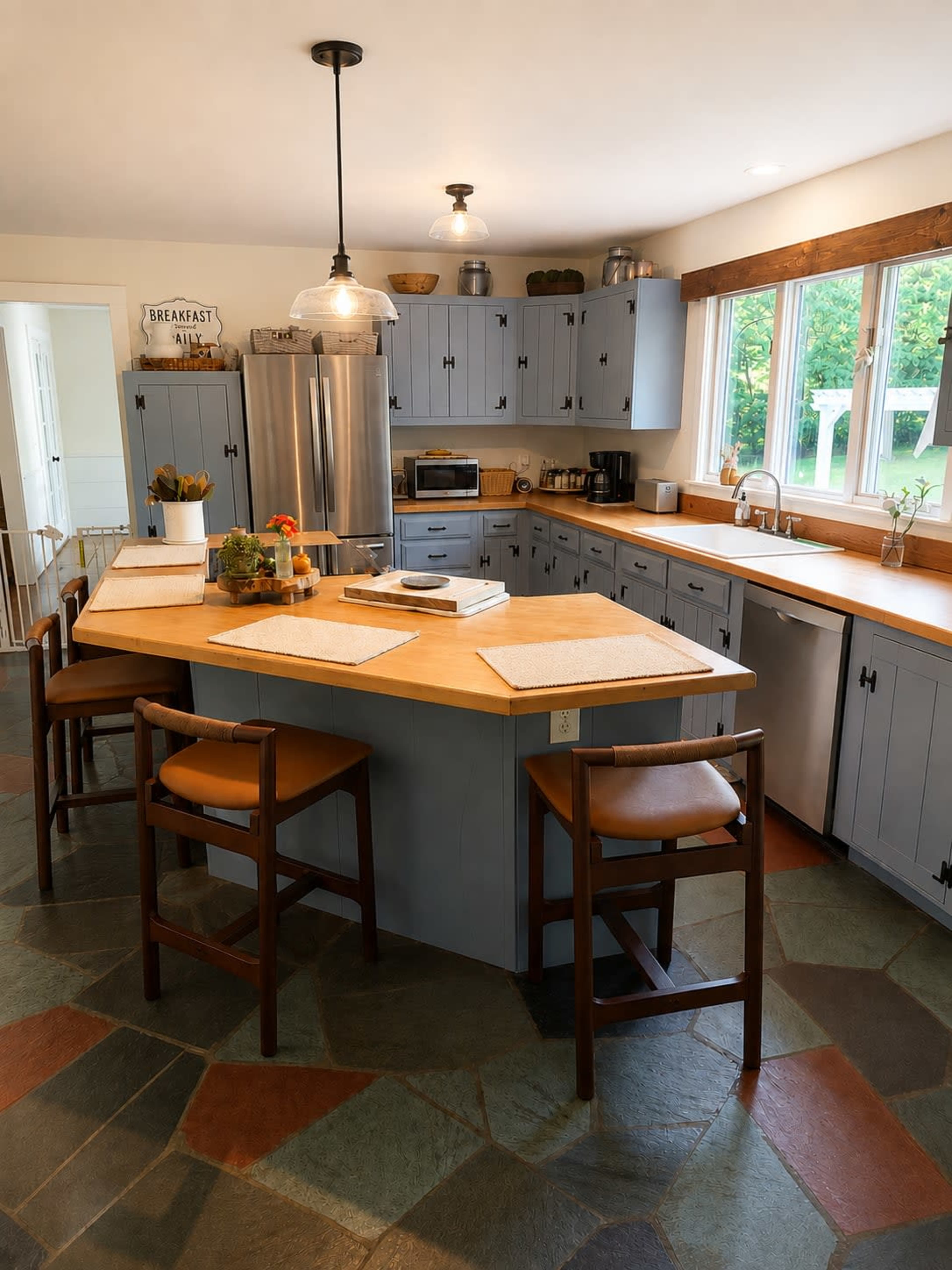 A modern kitchen features gray cabinets, a wooden countertop with bar seating, and a mix of natural stone flooring.