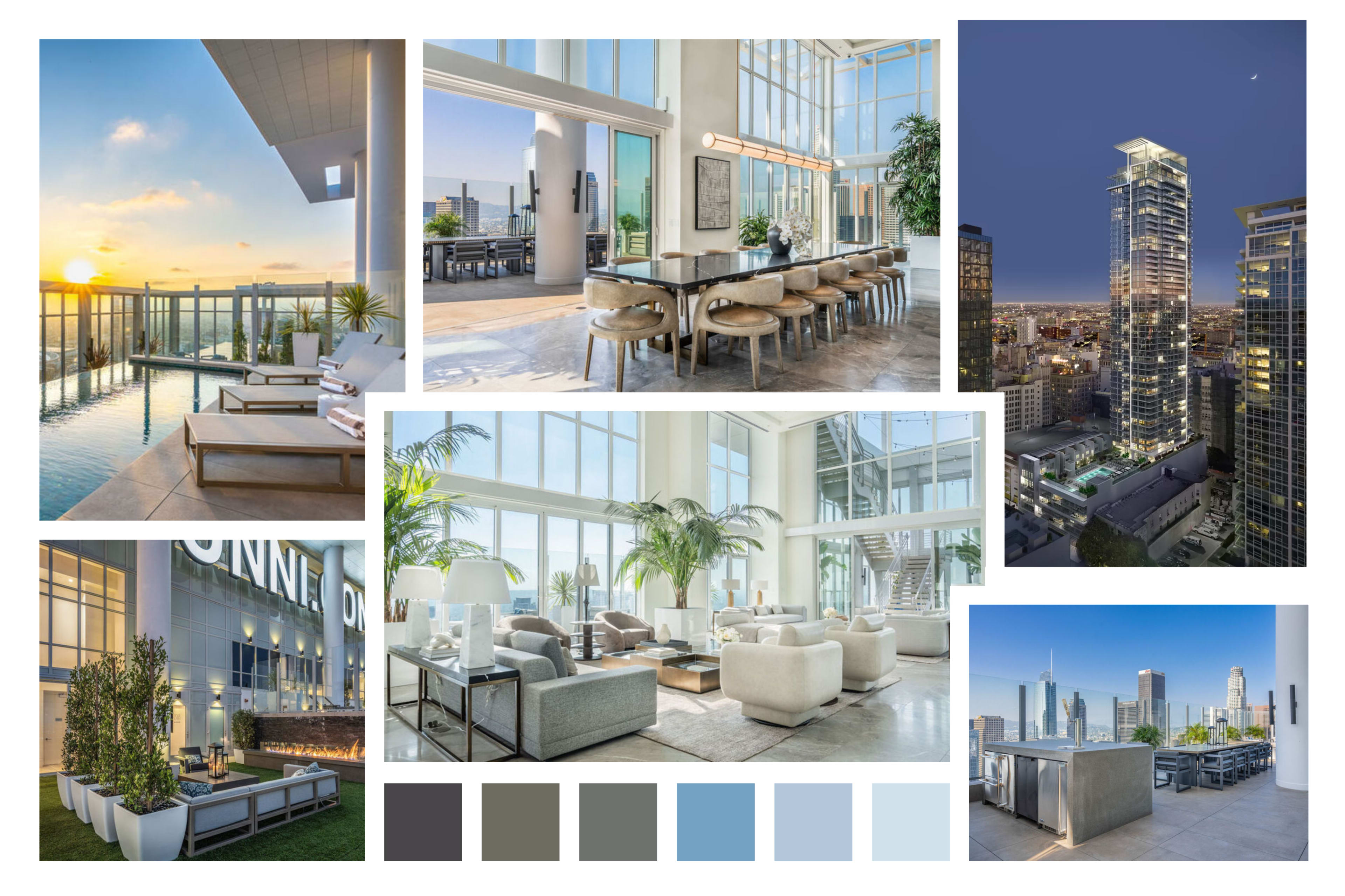 The image features a modern luxury apartment with expansive windows, a rooftop pool, and stylish interior spaces showcasing urban views.
