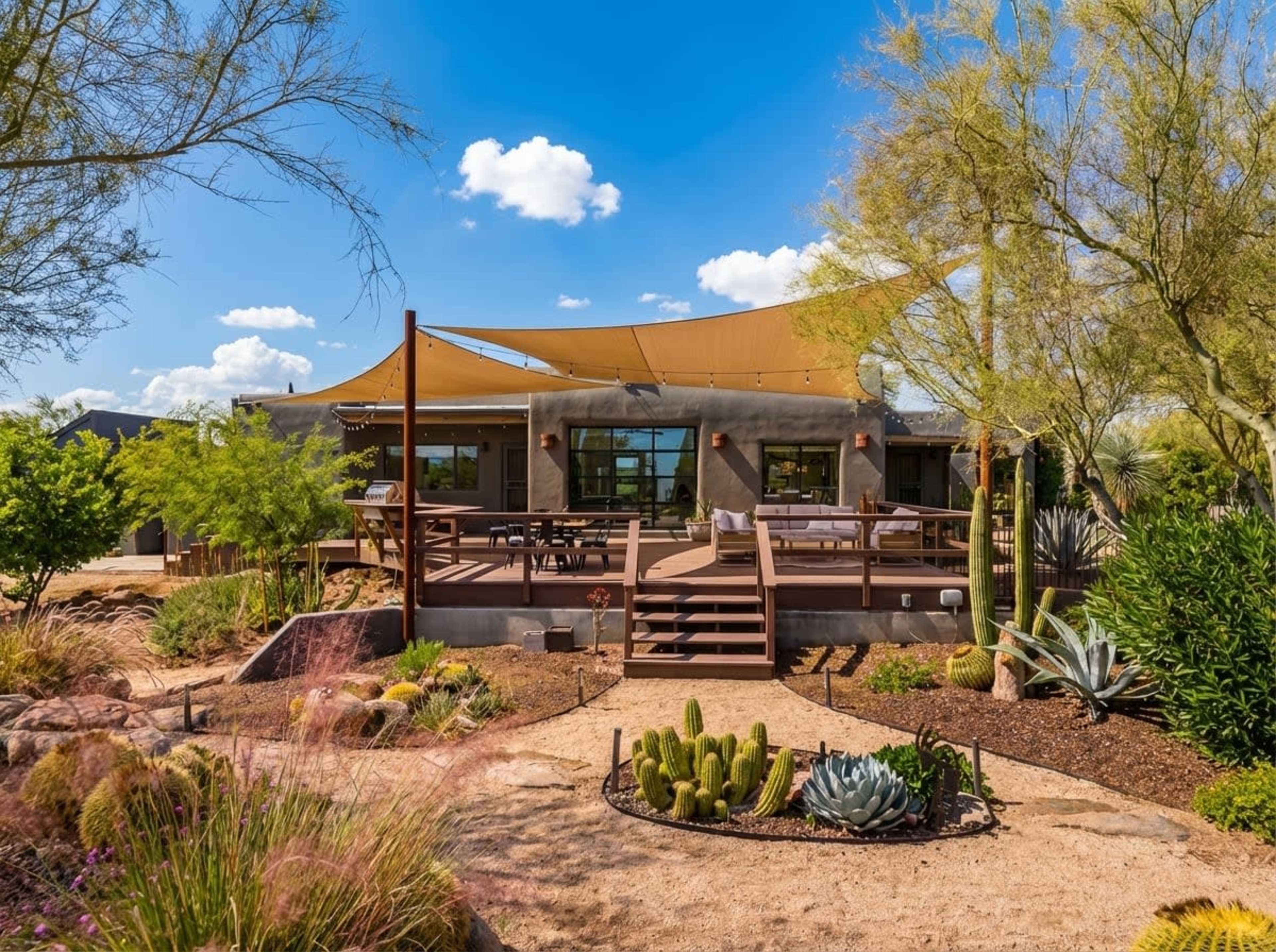 The image shows a modern house with a wooden deck shaded by a fabric canopy, surrounded by a landscaped desert garden featuring various cacti and succulents.