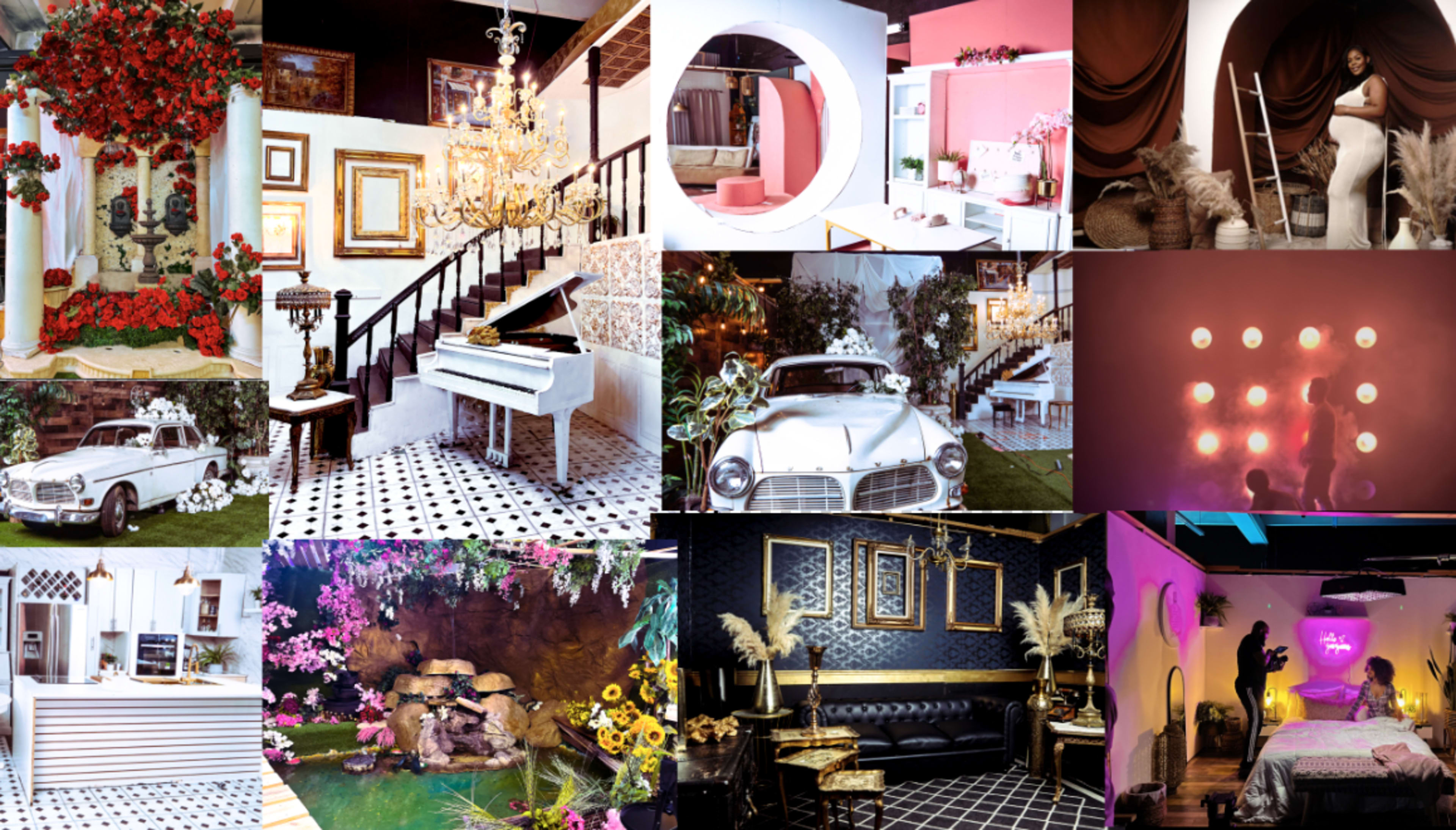A collage of various interior decor settings, featuring elegant furniture, floral arrangements, a classic car, and diverse lighting arrangements.