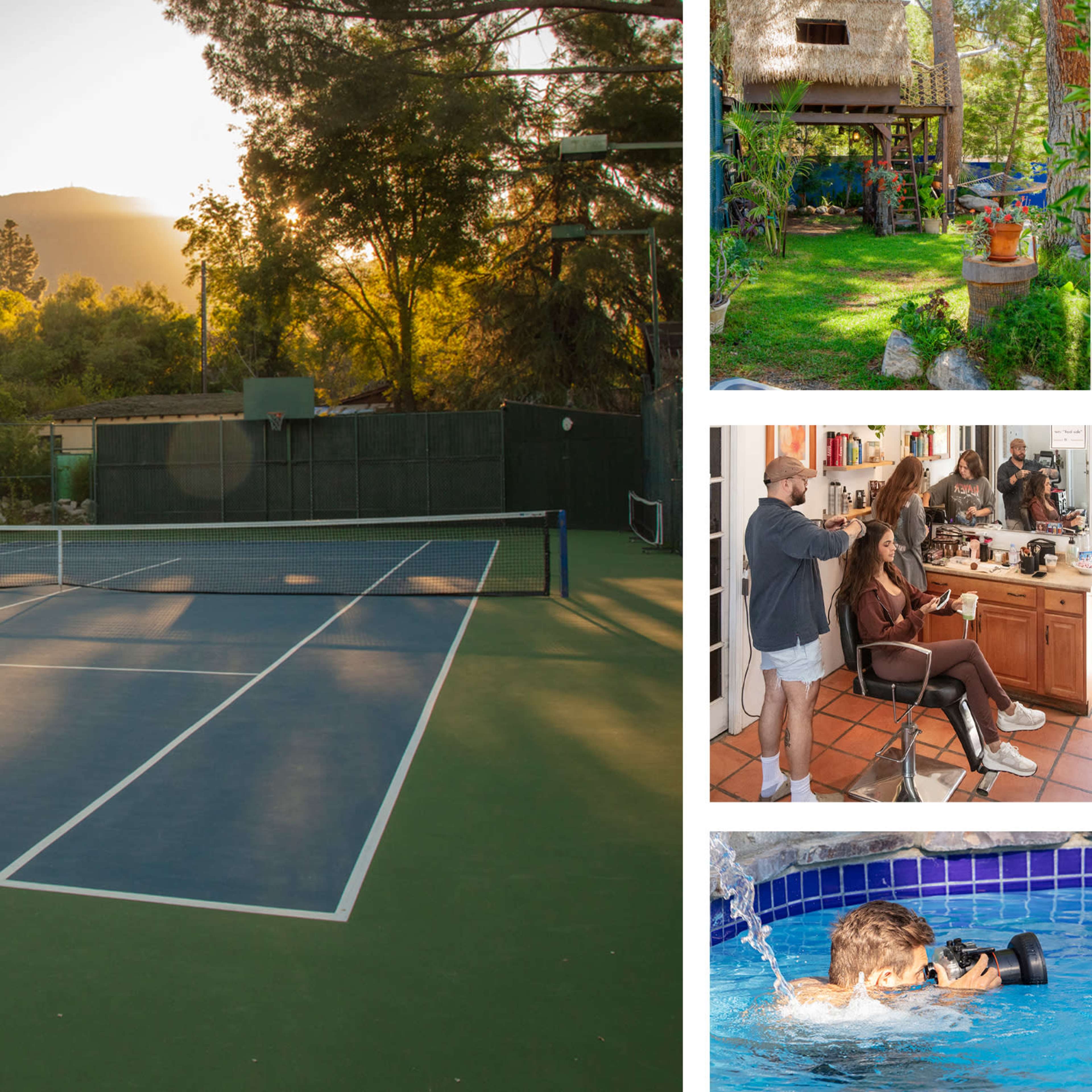 The image shows a tennis court in the foreground, a lush garden with a thatched-roof structure in the upper right, a group of people preparing food in a kitchen on the lower right, and a child swimming while using goggles in the lower left.