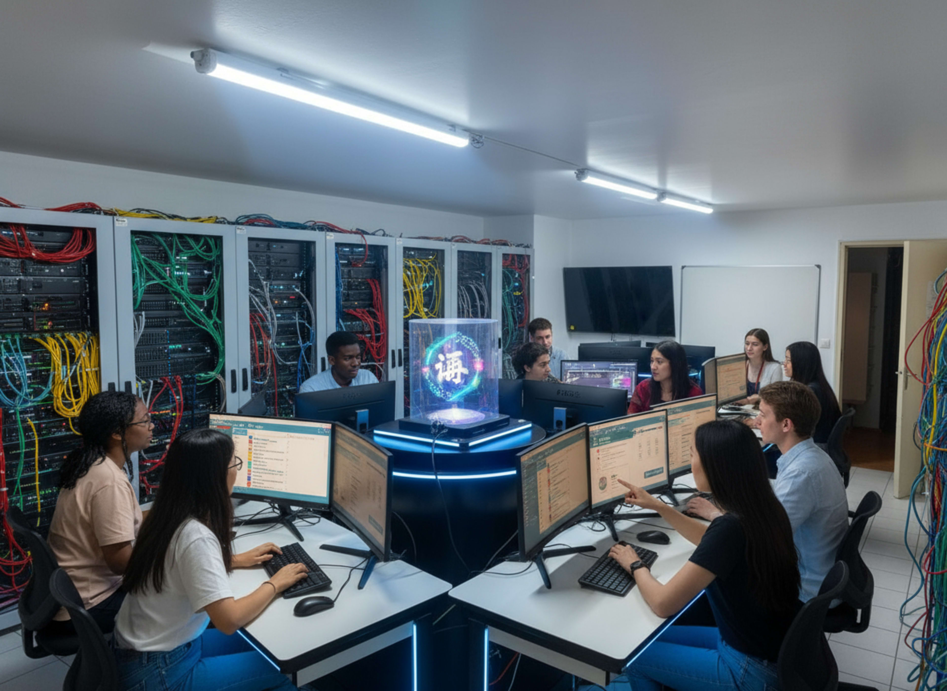A diverse group of individuals works collaboratively at computer stations in a server room filled with networking equipment and cables.