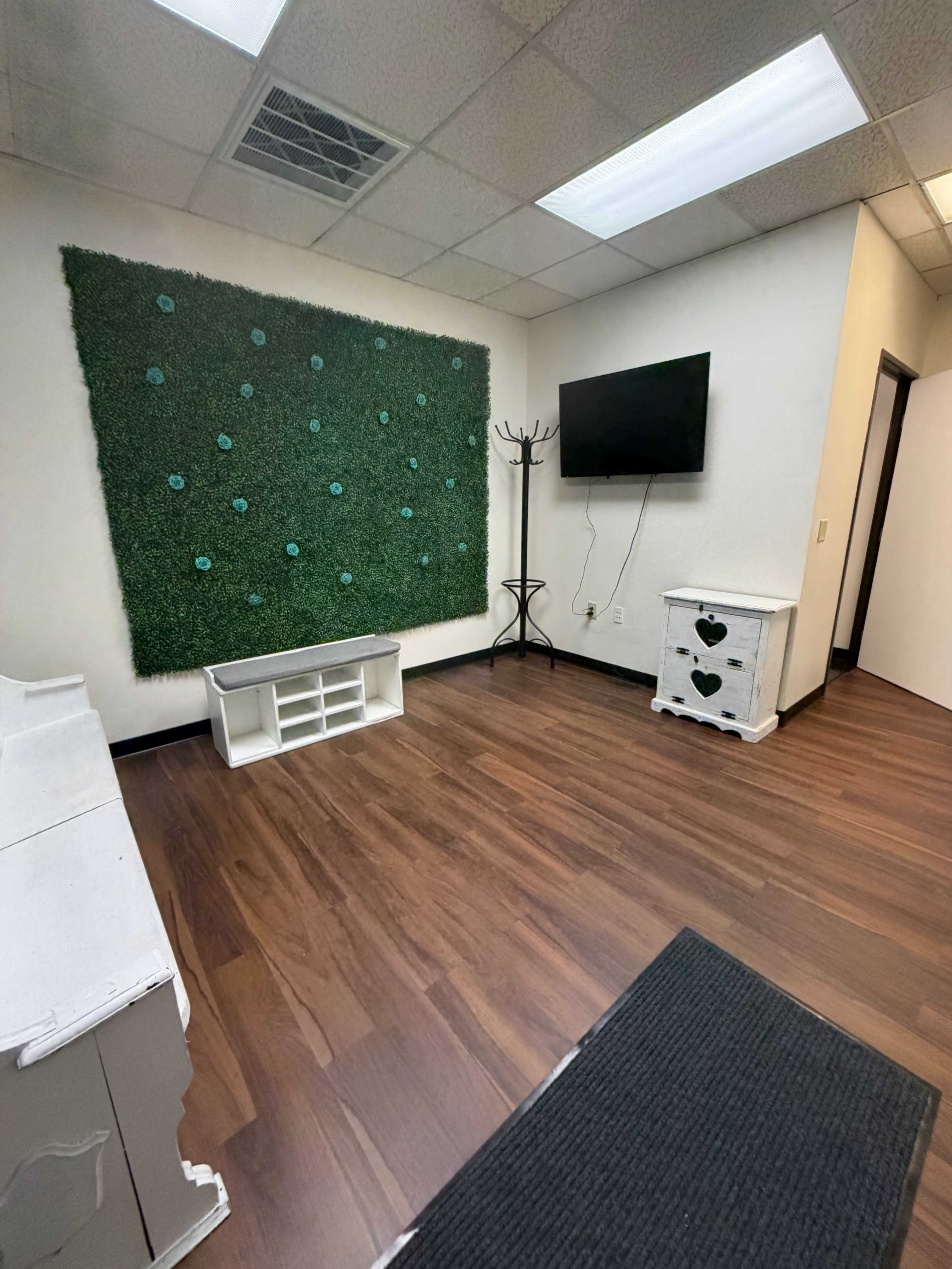 The image shows a minimalist room with wooden flooring, a green artificial grass wall, a television mounted on the wall, and a white storage unit.