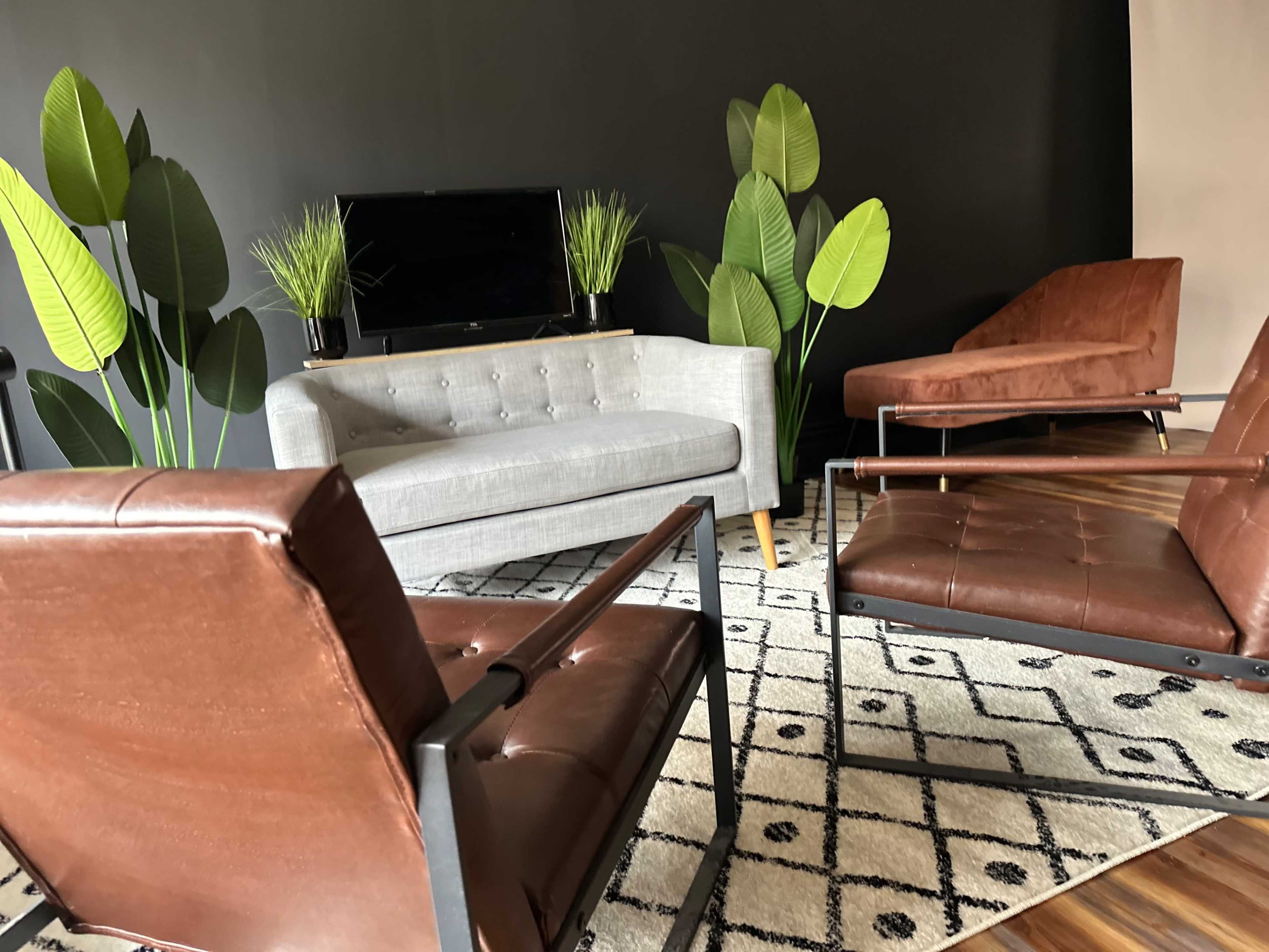 A cozy living room setup with a gray sofa, two brown chairs, a TV on a stand, and large potted plants against a dark wall.