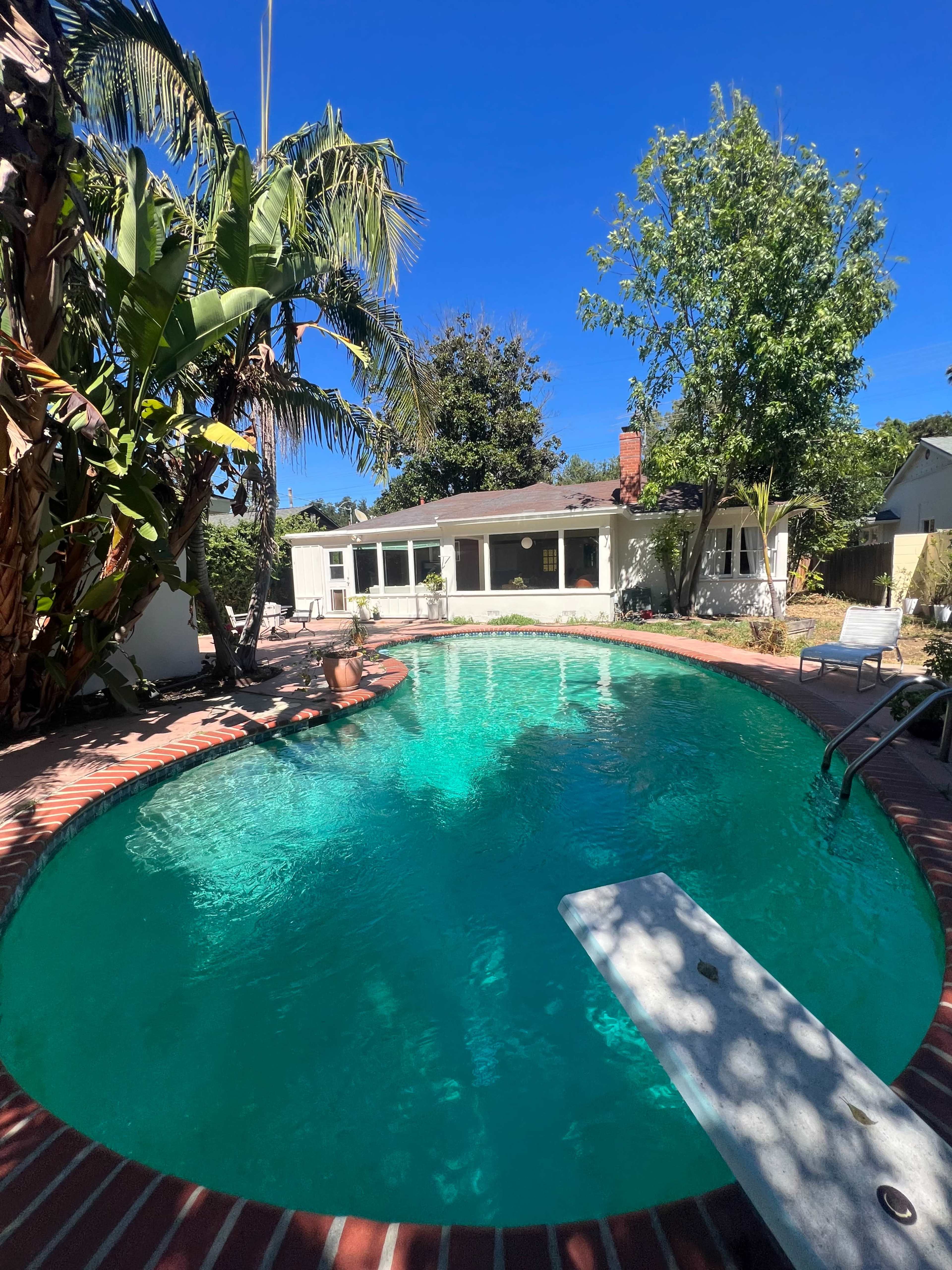 A circular swimming pool is surrounded by a patio, palm trees, and a house in a sunny outdoor setting.