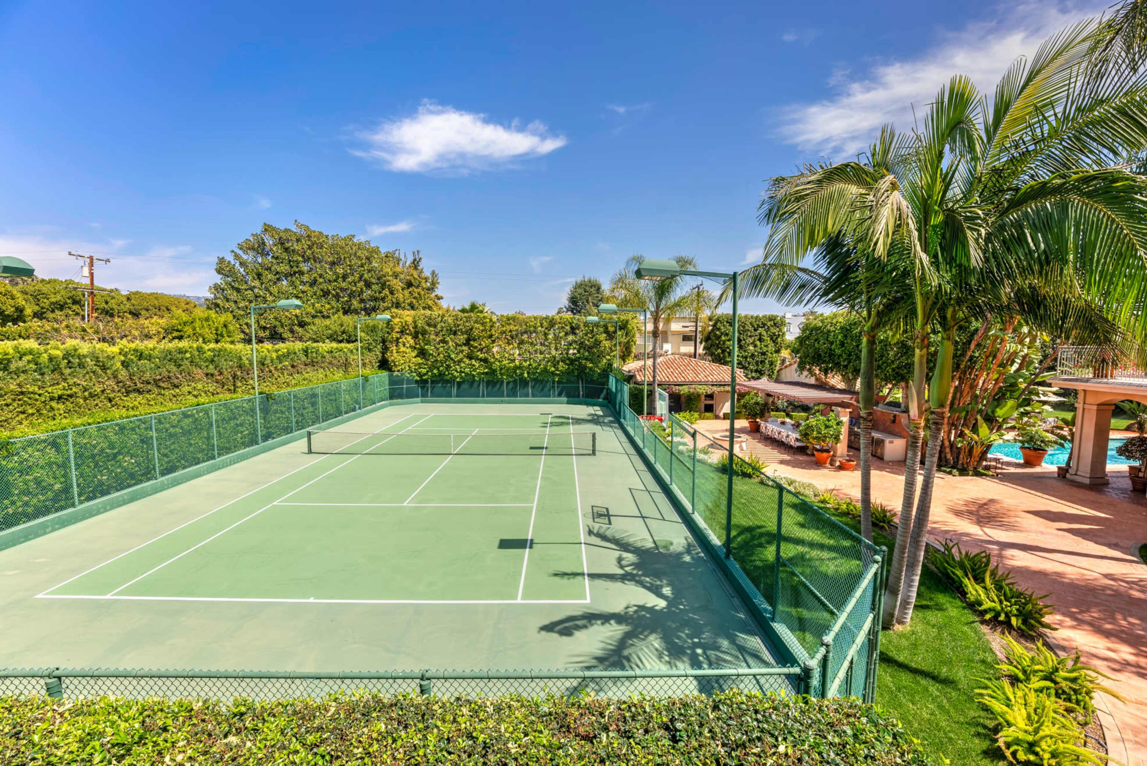 The image shows a well-maintained tennis court surrounded by lush greenery and palm trees, with a residential area visible in the background.