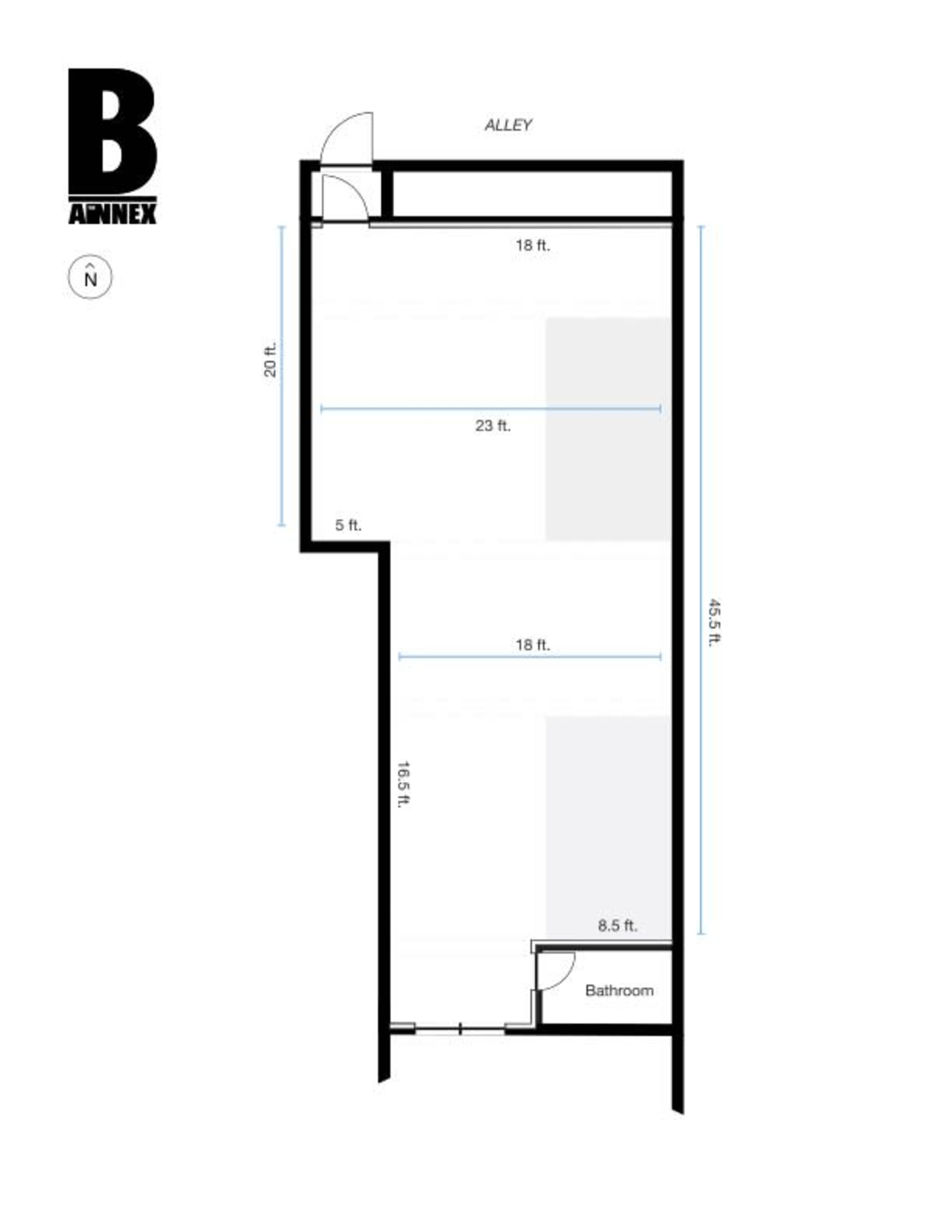 A floor plan of a building labeled "Annex," showing various dimensions including 18 ft and 23 ft for different sections, with a bathroom indicated at the bottom.