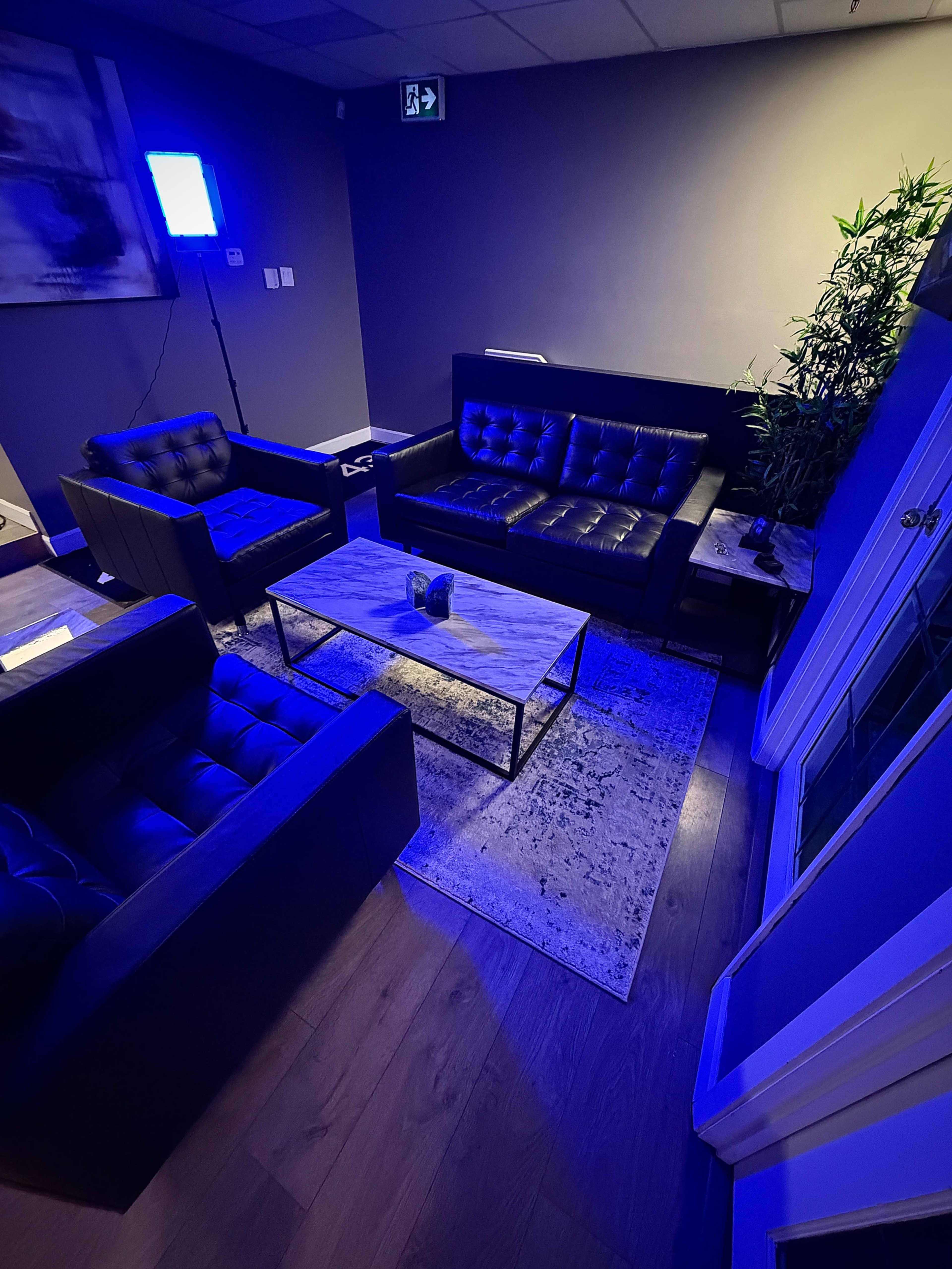 A modern lounge area features dark leather sofas, a coffee table, and a rug, illuminated by blue lighting.