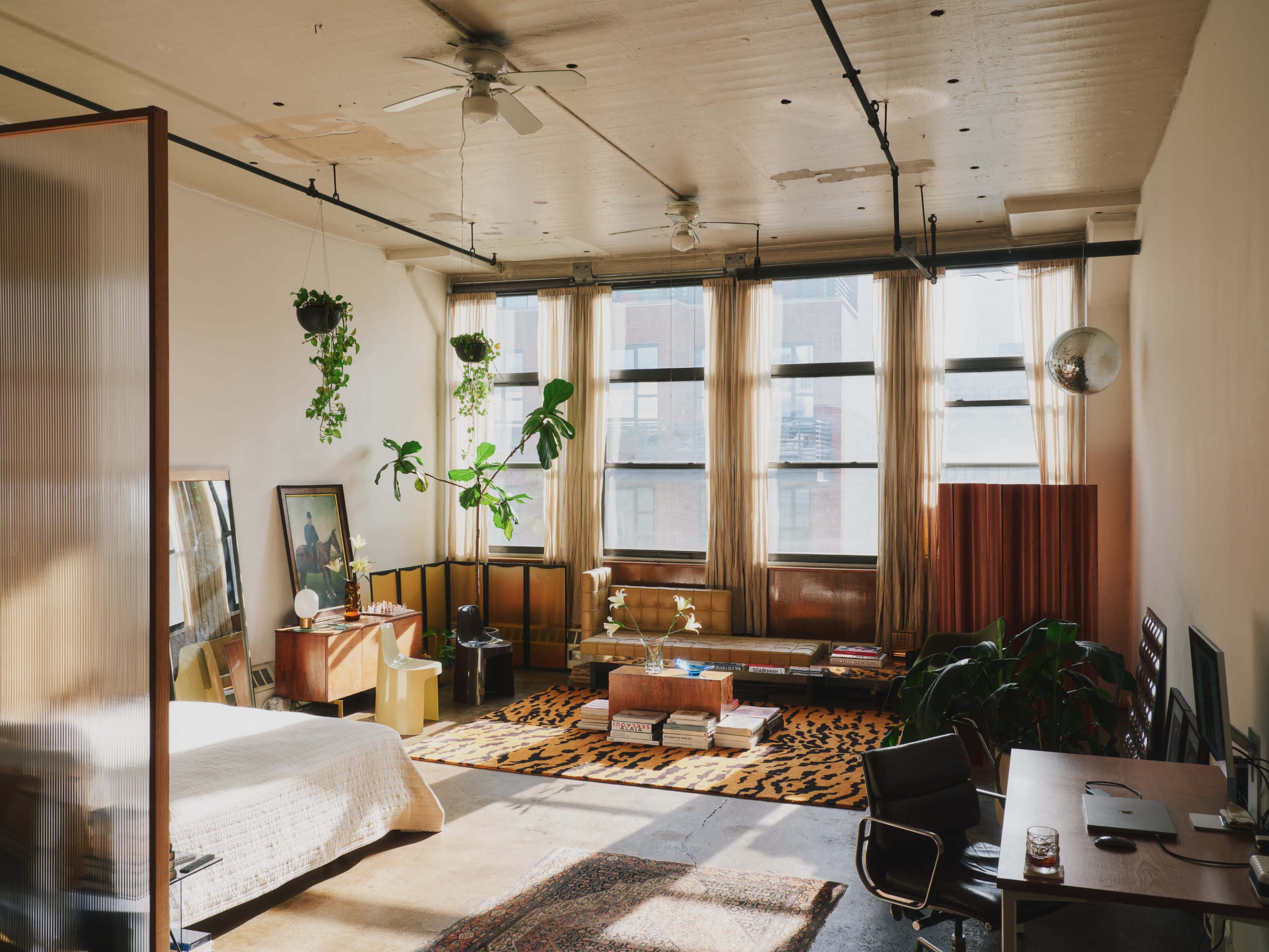 The image shows a spacious studio apartment with large windows, a bed, a seating area, and plants hanging from the ceiling.