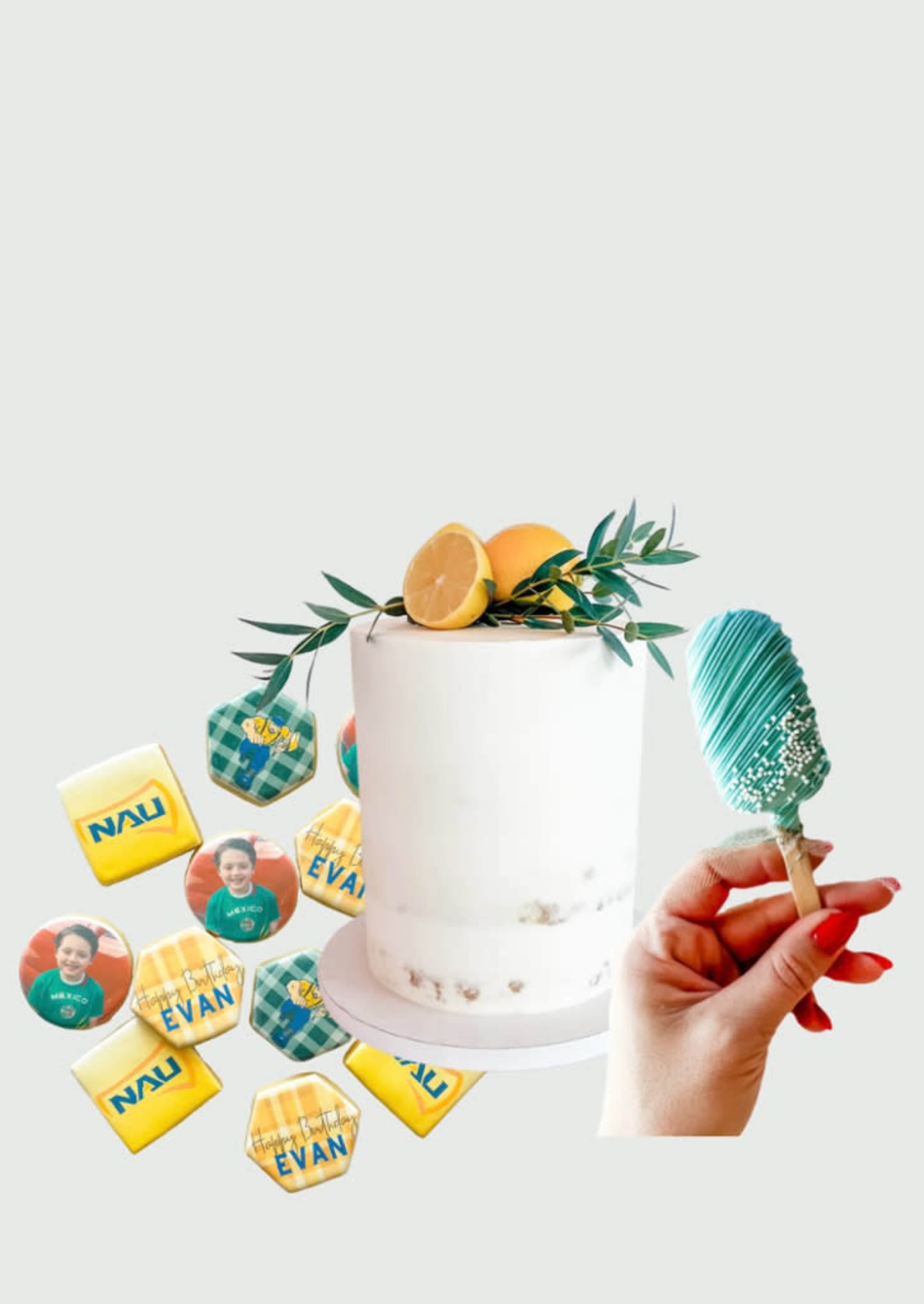 Cake, cookies and cake pops in colors of your party theme