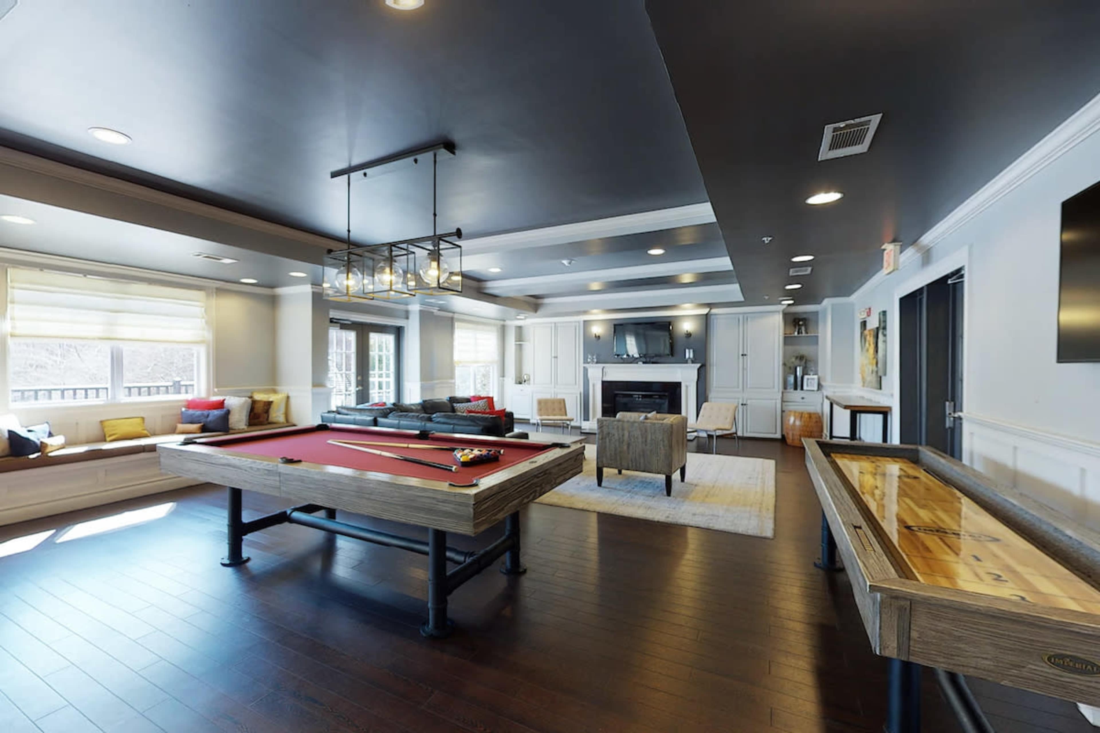 The image shows a spacious room featuring a billiards table, a shuffleboard table, a seating area, and a television against the wall.