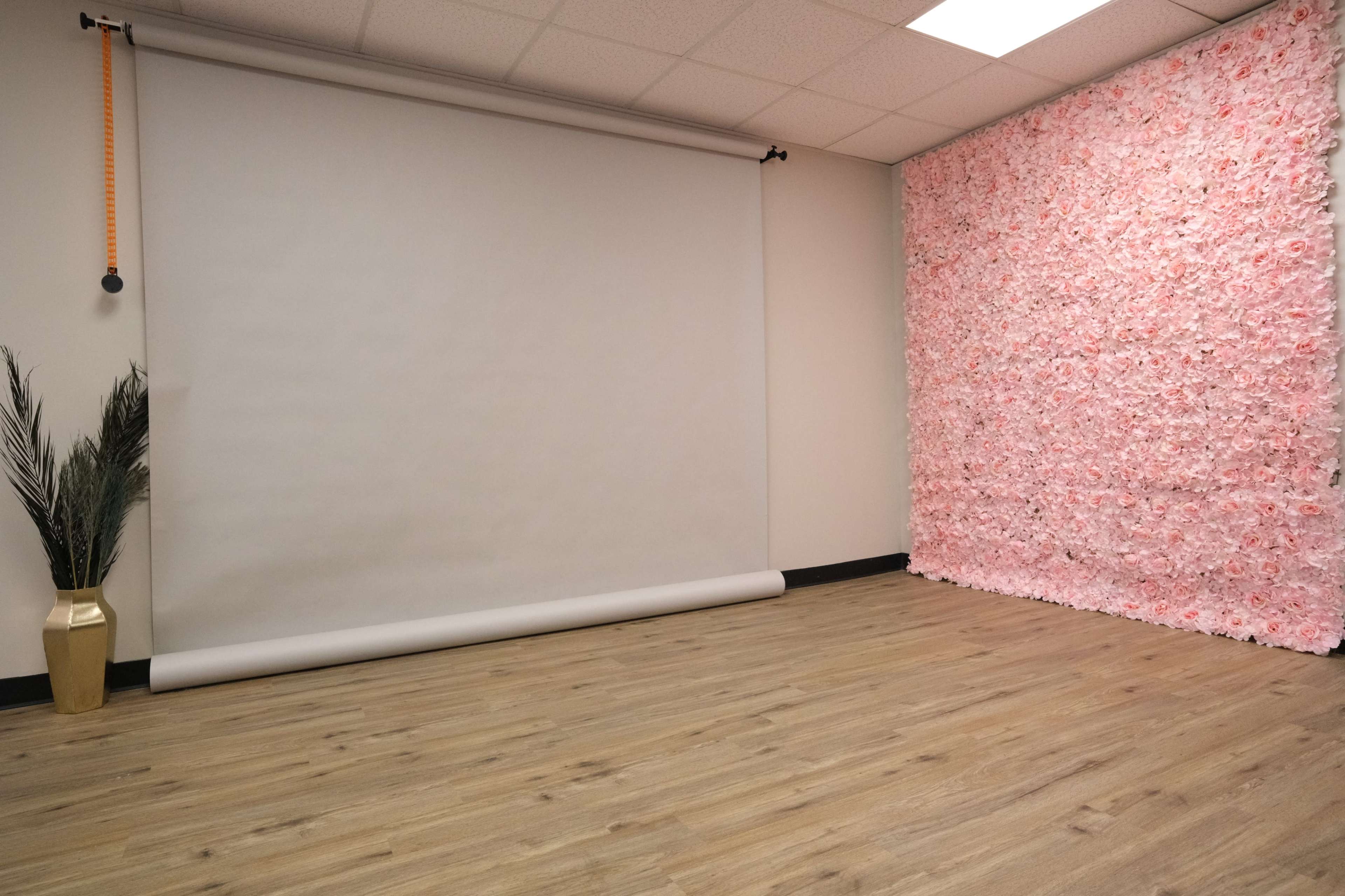 The image shows a photography studio with a rolled-up backdrop and a wall decorated with pink floral elements.