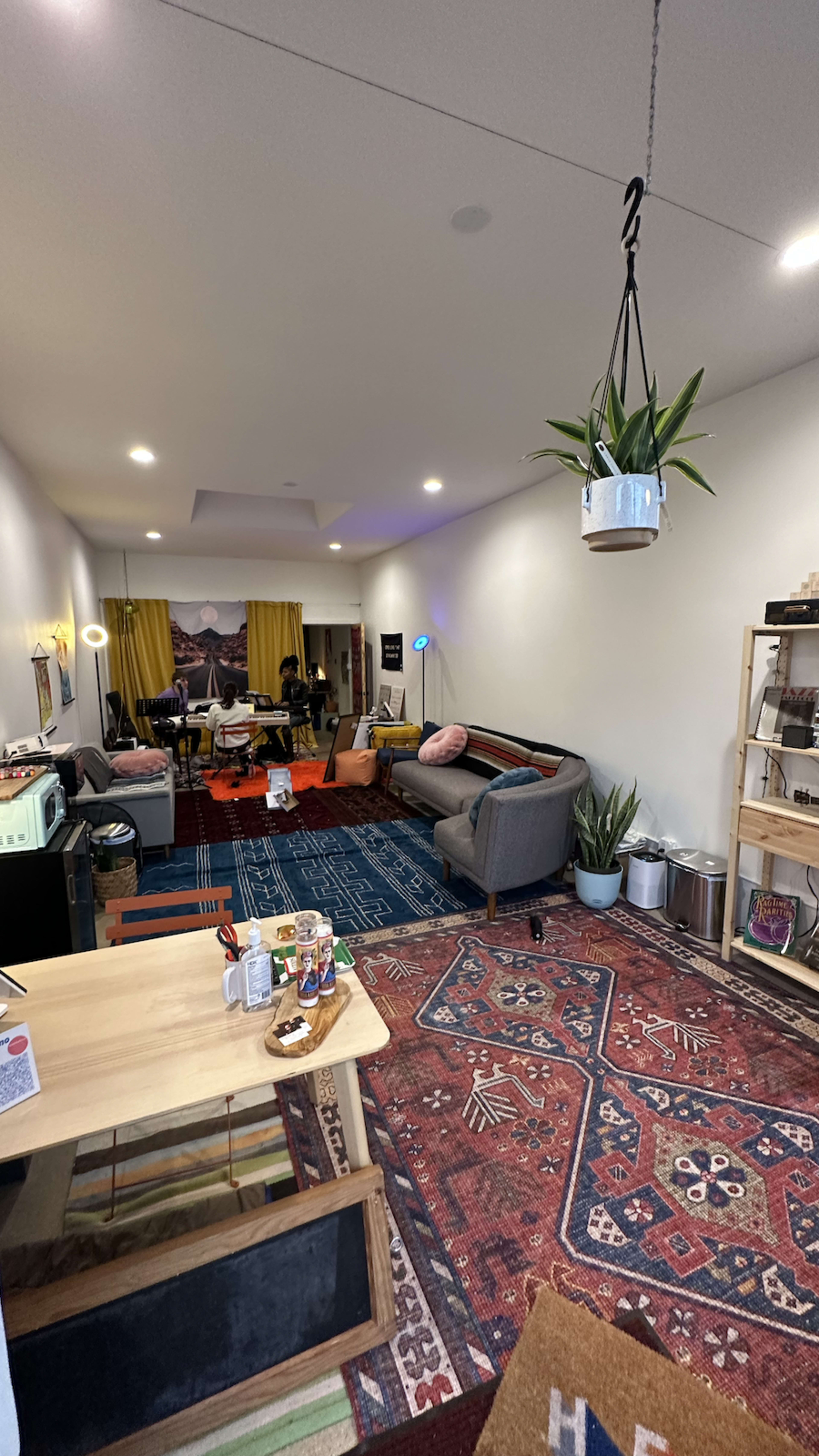 A spacious living area features a mix of seating arrangements, a large rug, and plants, with a dining table in the foreground and a cozy atmosphere.