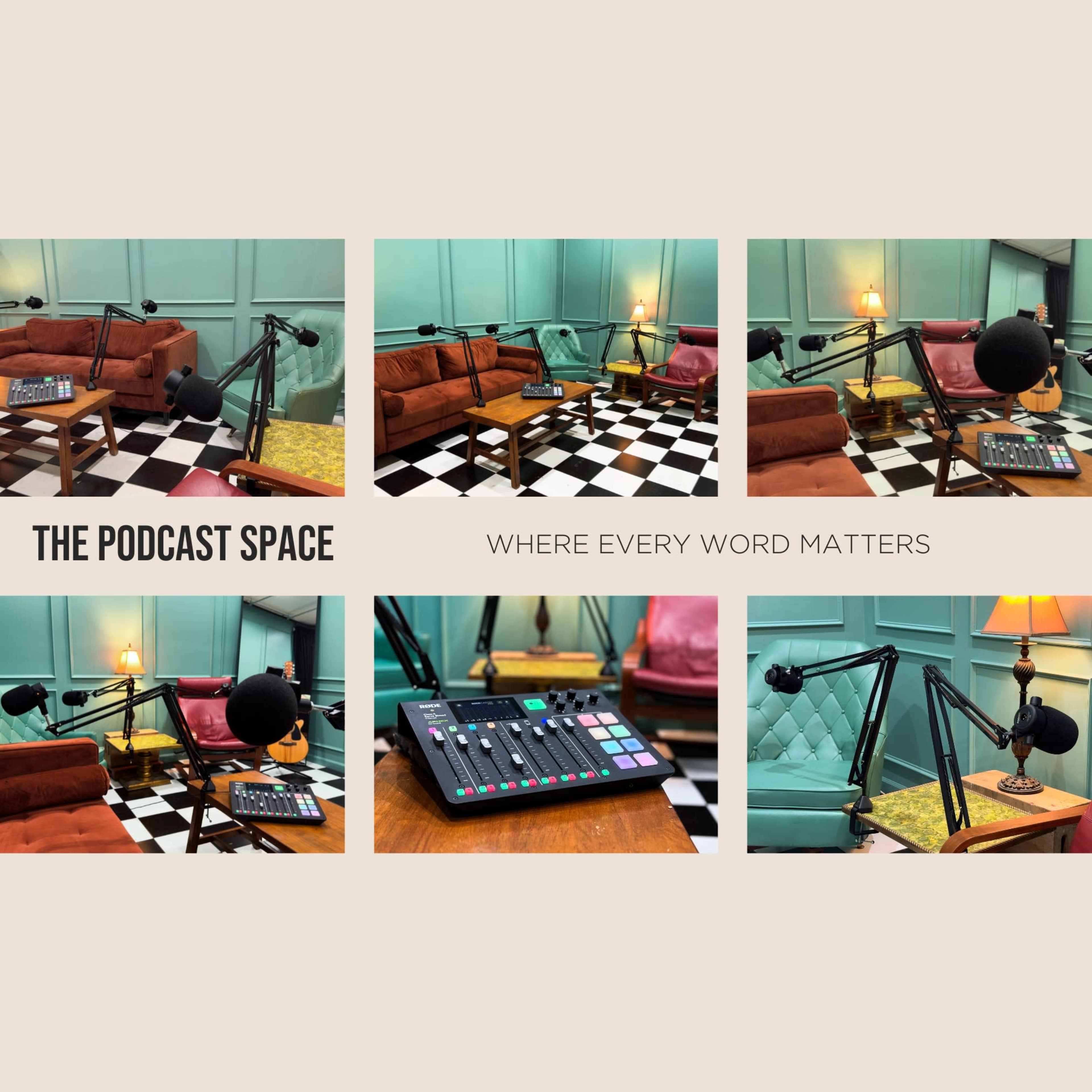 The image showcases a podcast recording space featuring a cozy seating area with microphones, a sound mixing board, and a warm lamp in a visually appealing layout.