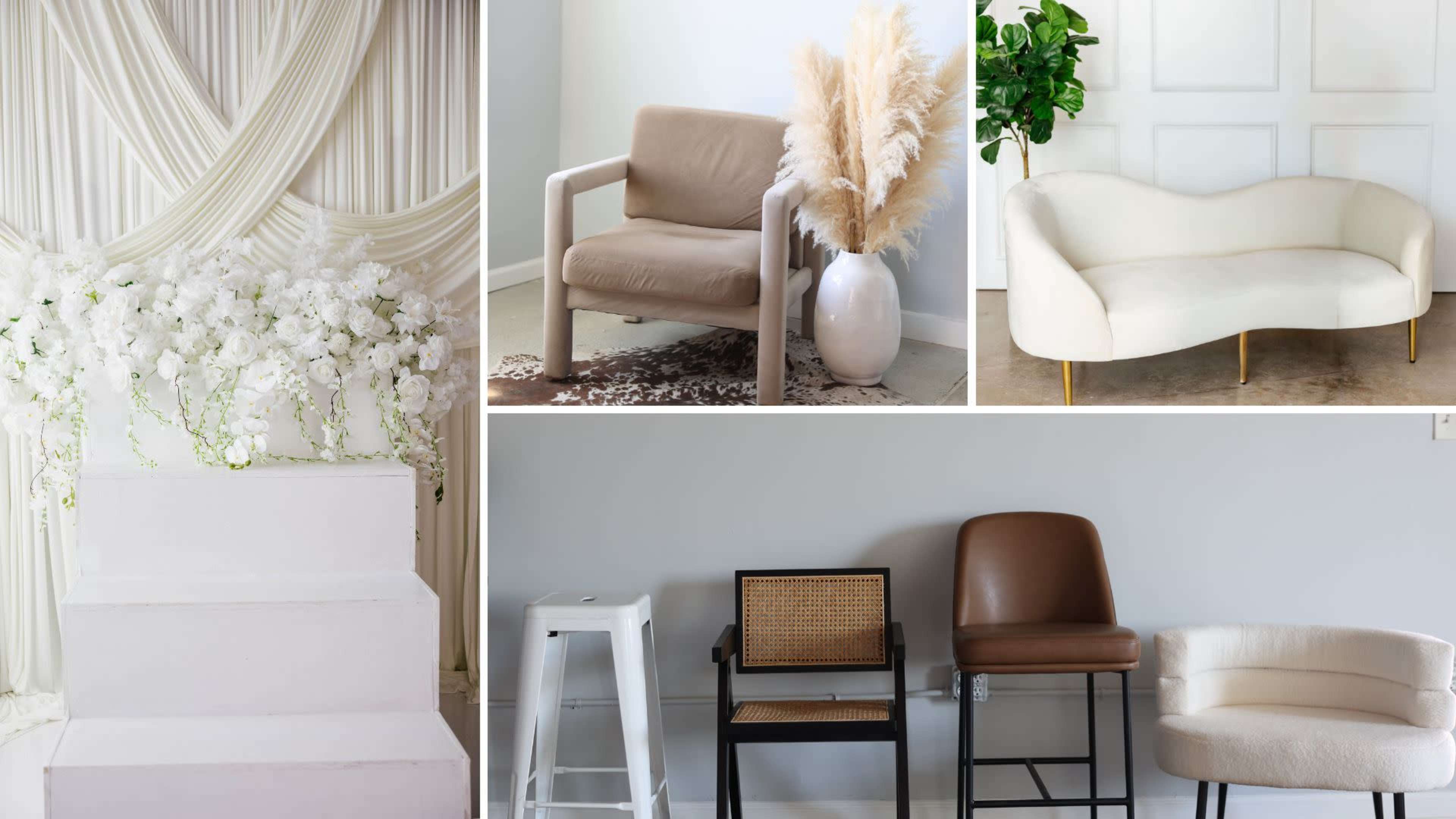 The image features a collection of various seating options and decorative elements, including a minimalist chair, a curved couch, and a stool, all positioned against simple backgrounds.