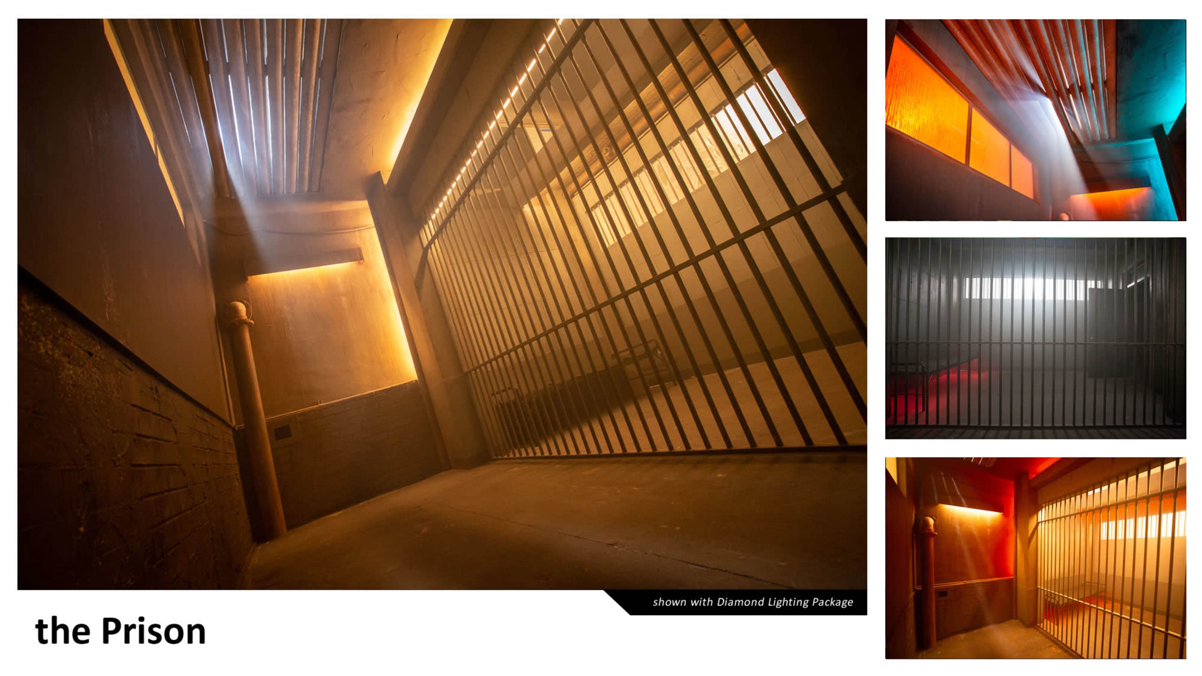 A dimly lit prison corridor featuring barred cells and walls illuminated by warm and cool lighting.