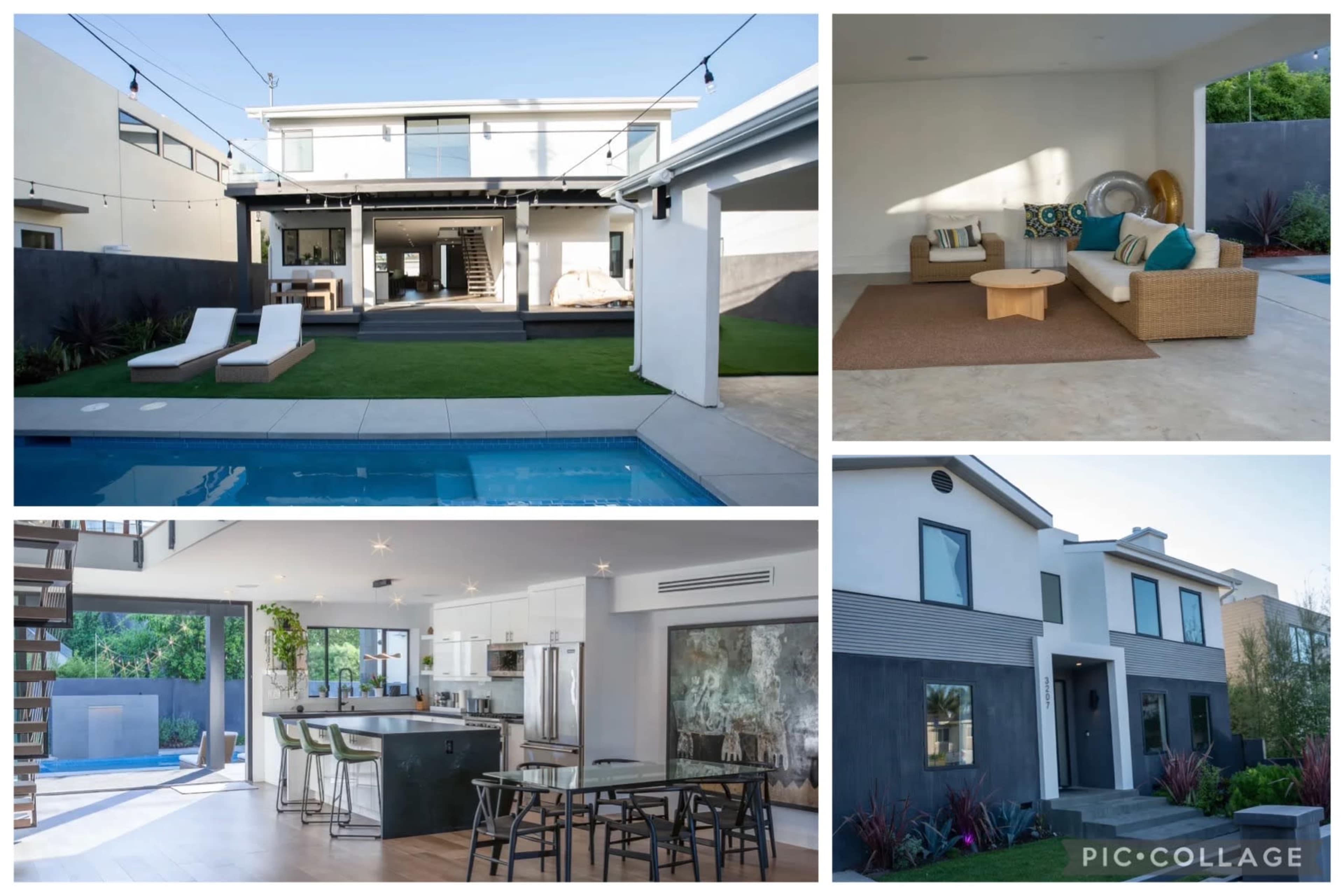 The image showcases a modern residential property featuring a swimming pool, outdoor seating area, stylish interior spaces, and a contemporary exterior design.