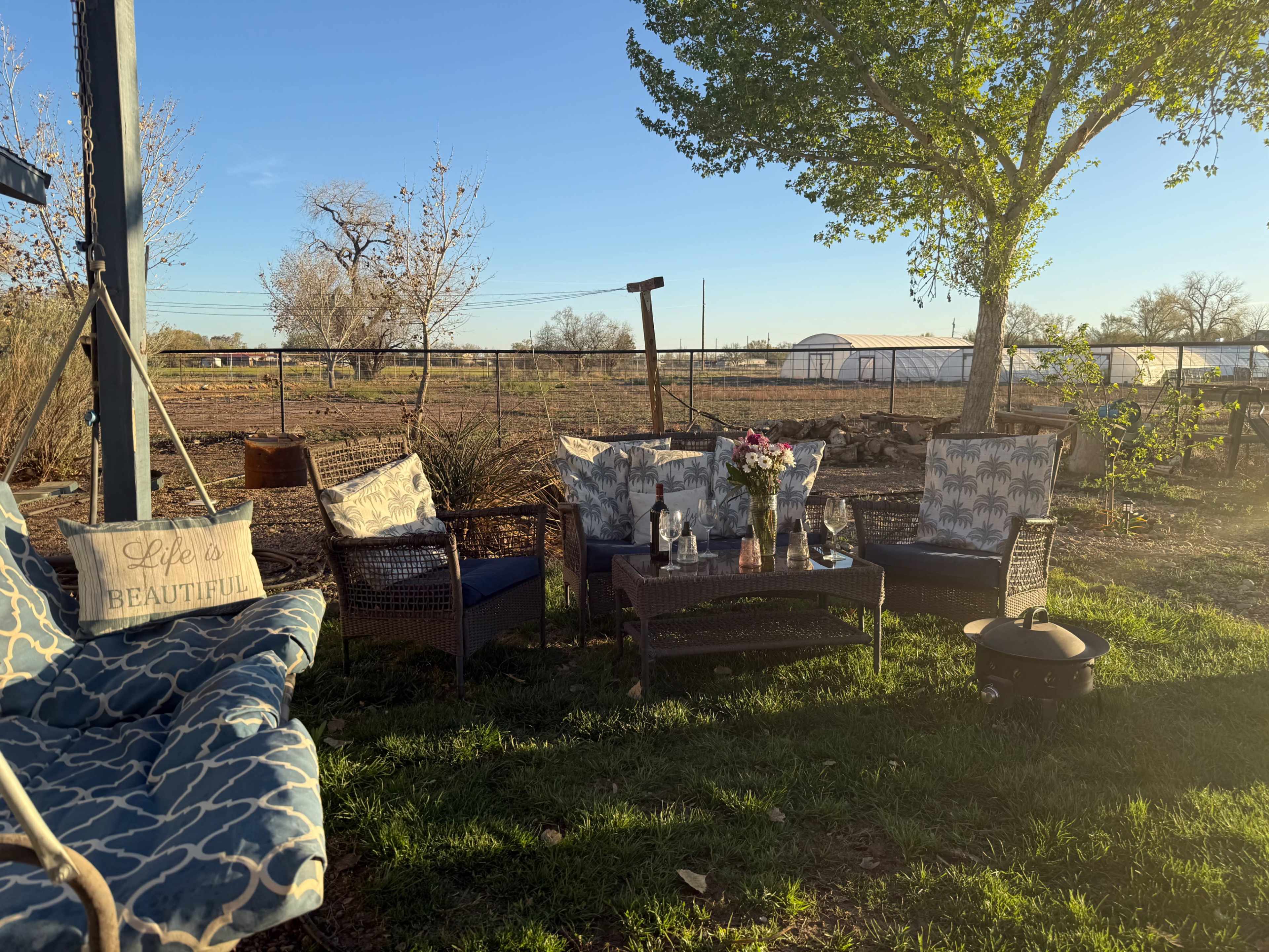 A cozy outdoor seating area features a table with drinks and flowers, surrounded by chairs on a grassy patch near a farm landscape.