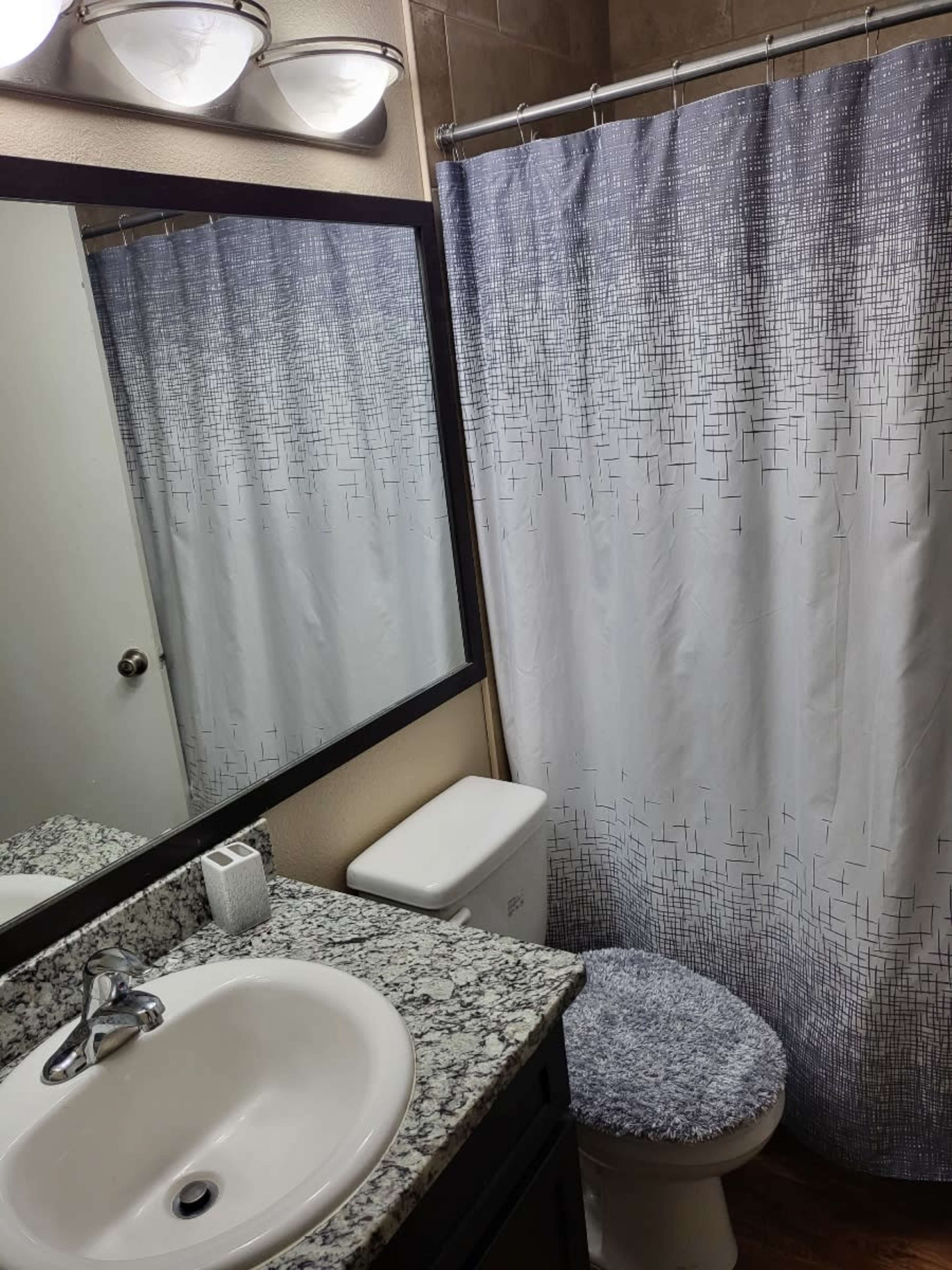A bathroom with a sink, a large mirror, a toilet, and a shower curtain that has a geometric pattern.