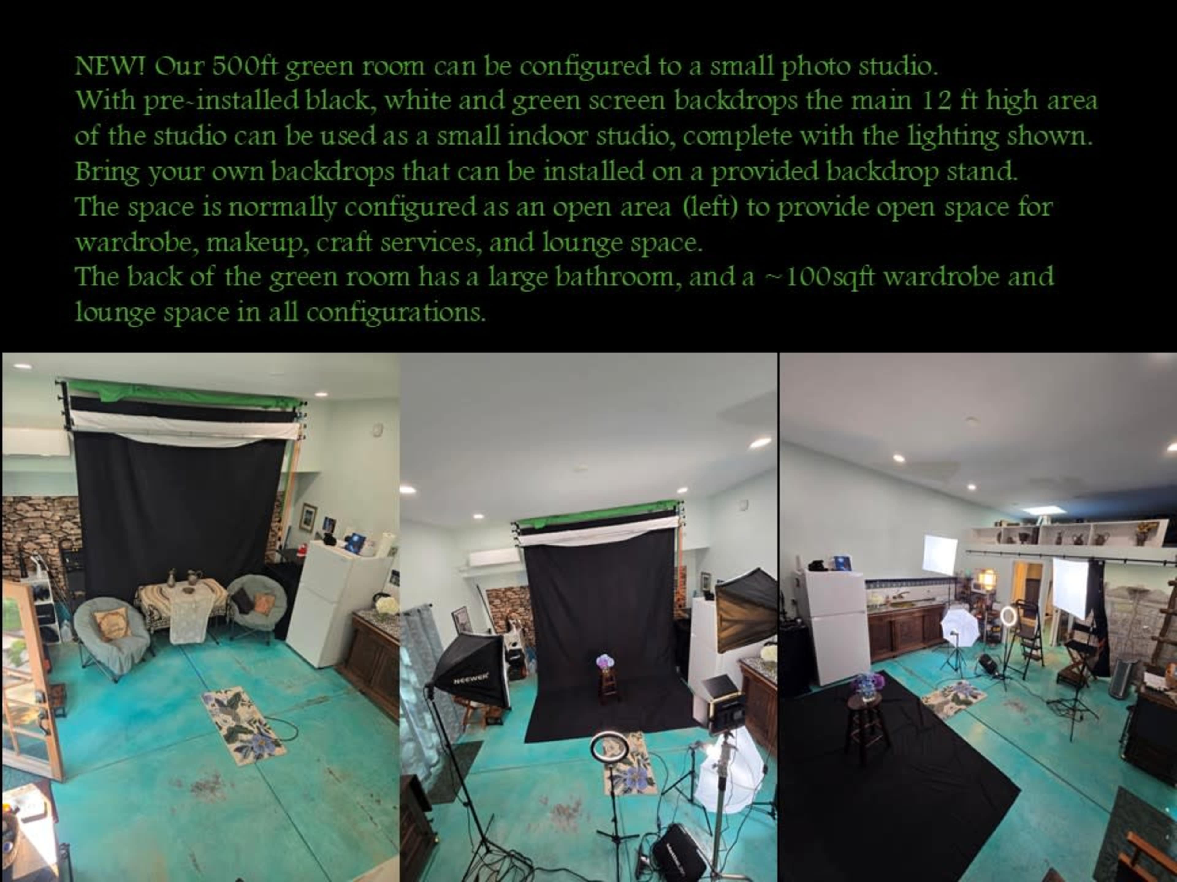 The image shows a spacious green room configured as a small photo studio, featuring black, white, and green backdrops along with various equipment and seating arrangements.