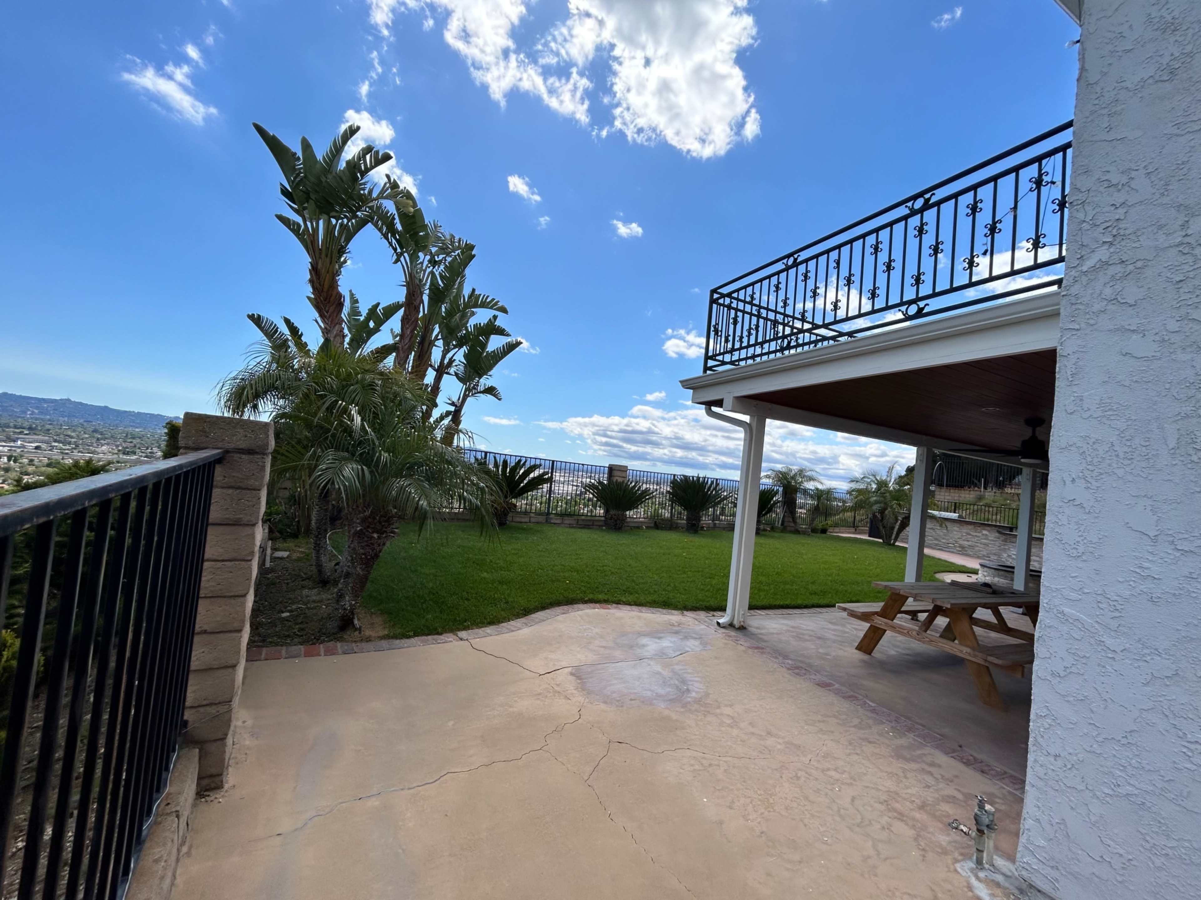 A patio area with a concrete surface overlooks a yard with grass and palm trees, featuring a picnic table beneath a covered structure.