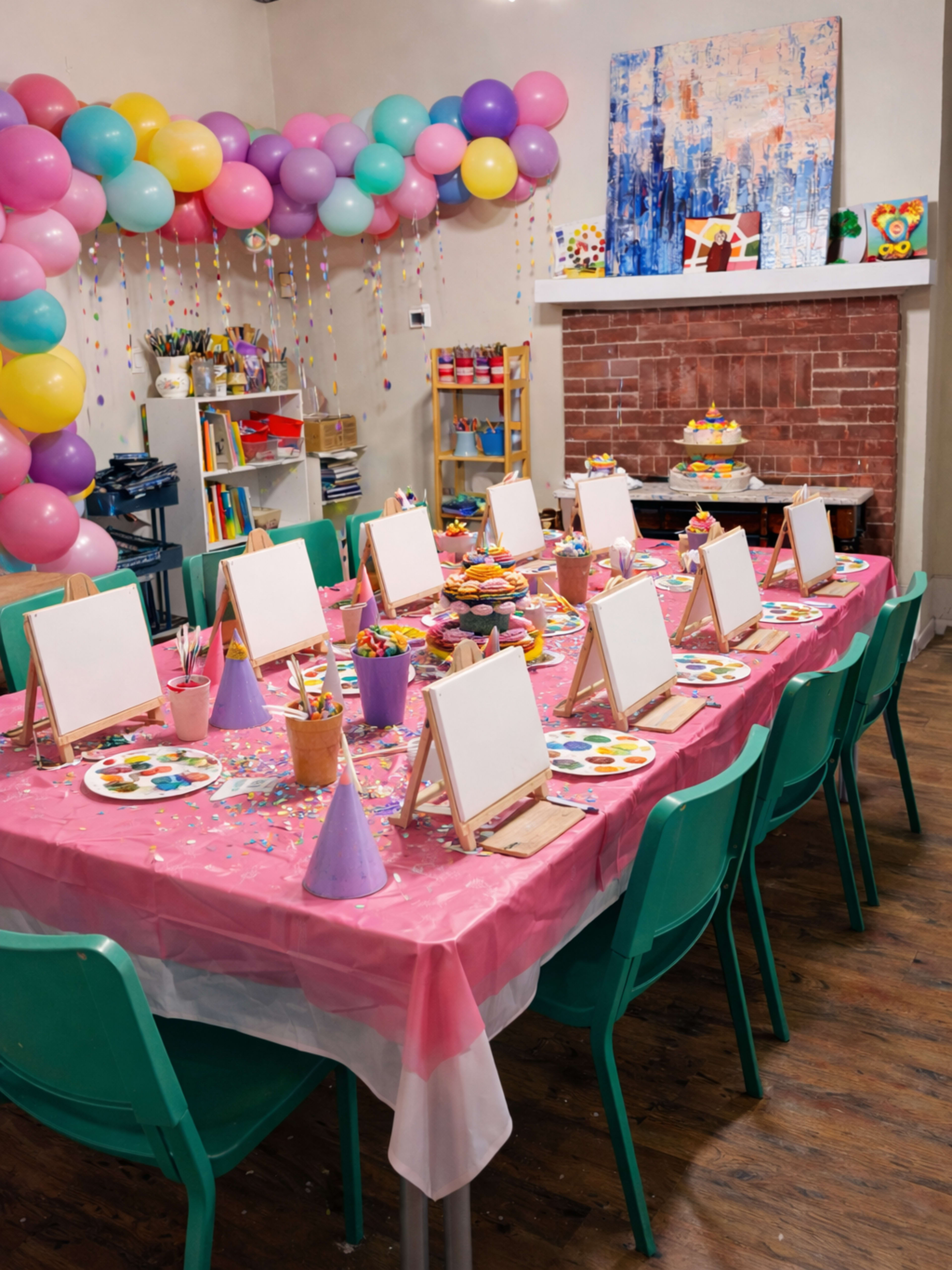A table set for a vibrant art-themed birthday party features blank canvases, colorful party supplies, and a backdrop of balloons.